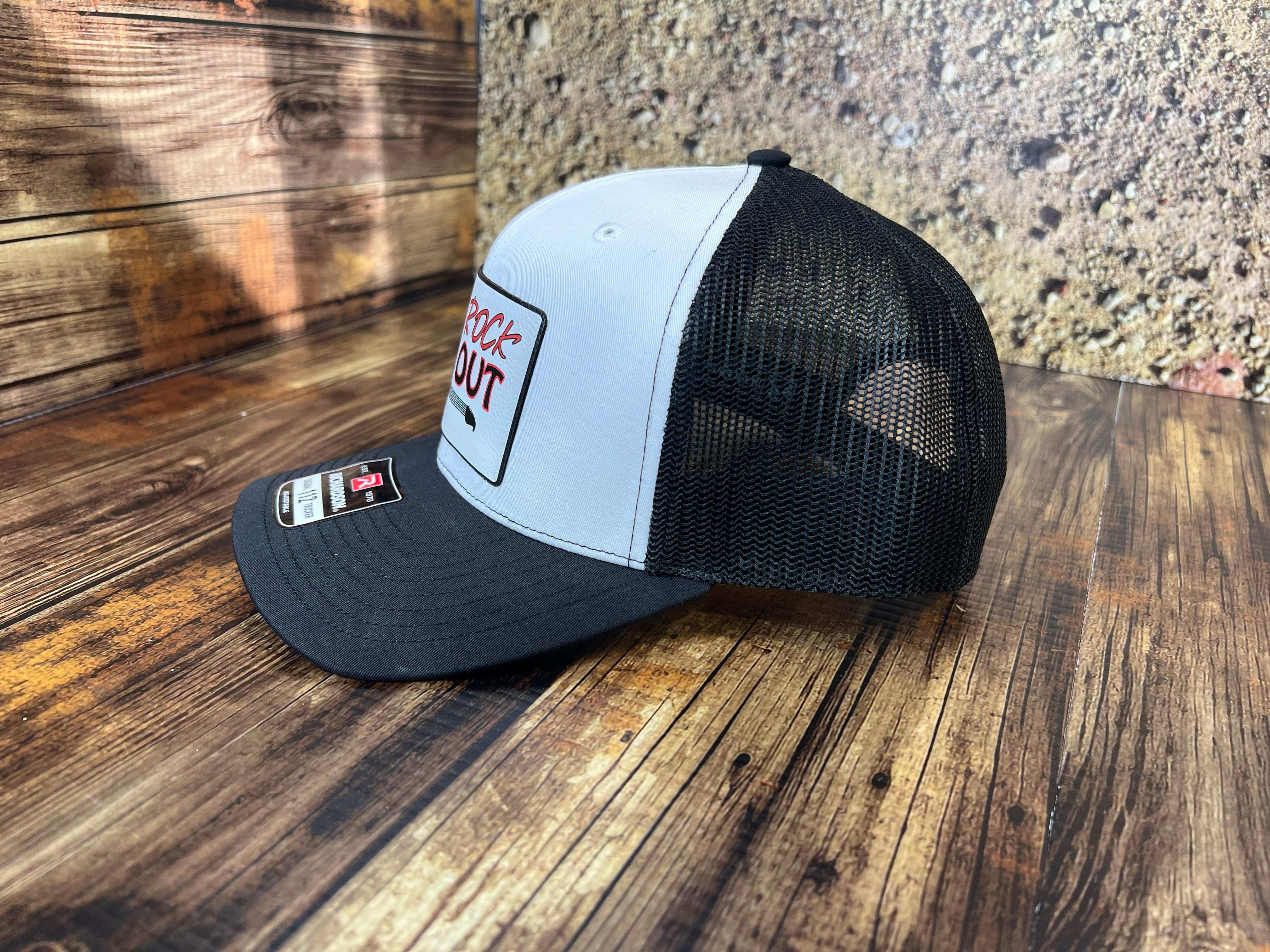 Rock Out UV Printed Custom Patch Hat with Premium Leatherette on a Richardson 112 Trucker Hat - F5 Custom Designs
