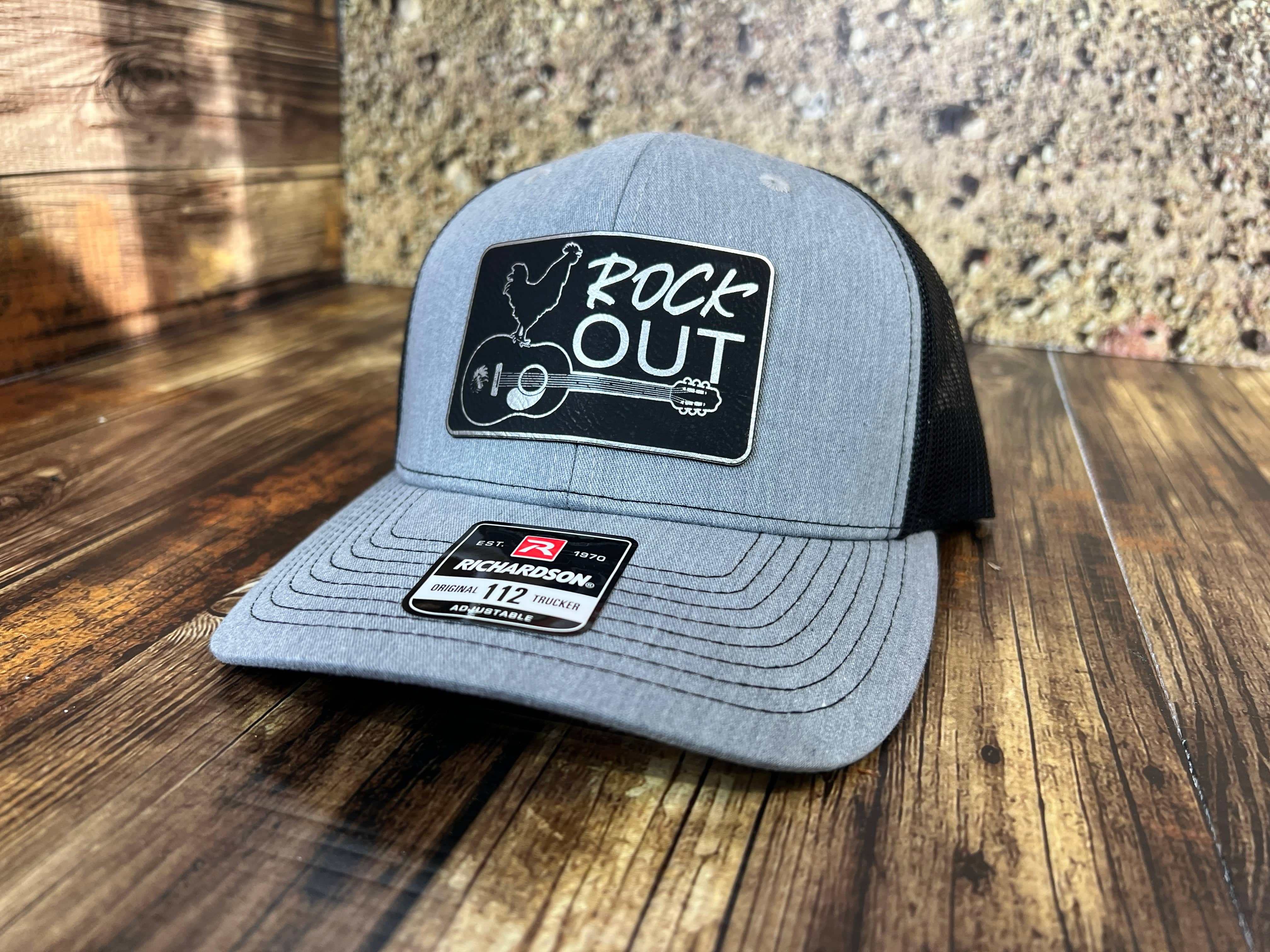 Rock Out UV Printed Custom Patch Hat with Premium Leatherette on a Richardson 112 Trucker Hat - F5 Custom Designs