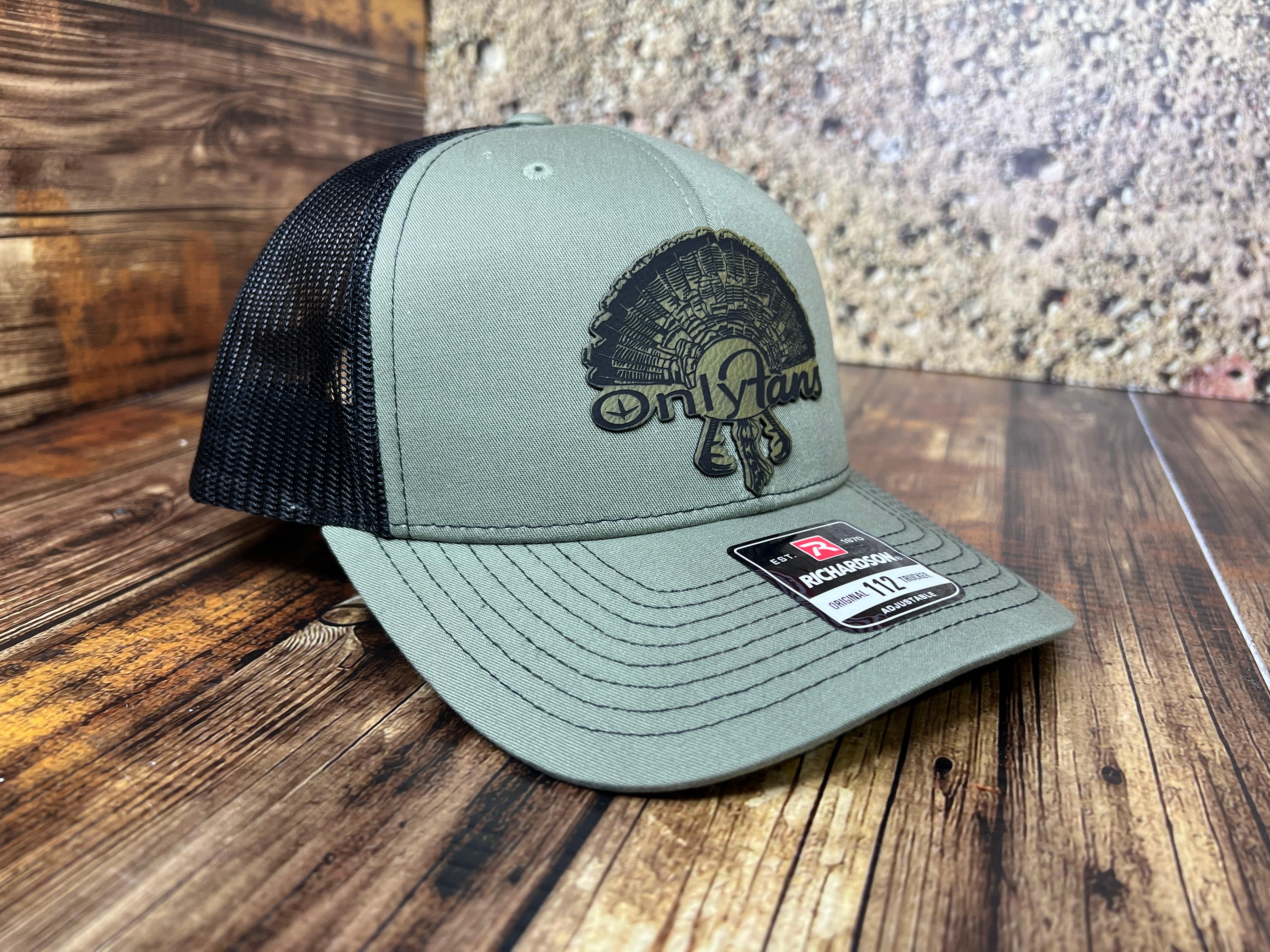 OnlyFans Leatherette Patch on a Richardson 112 Trucker Hat Turkey Hunter Baseball - F5 Custom Designs