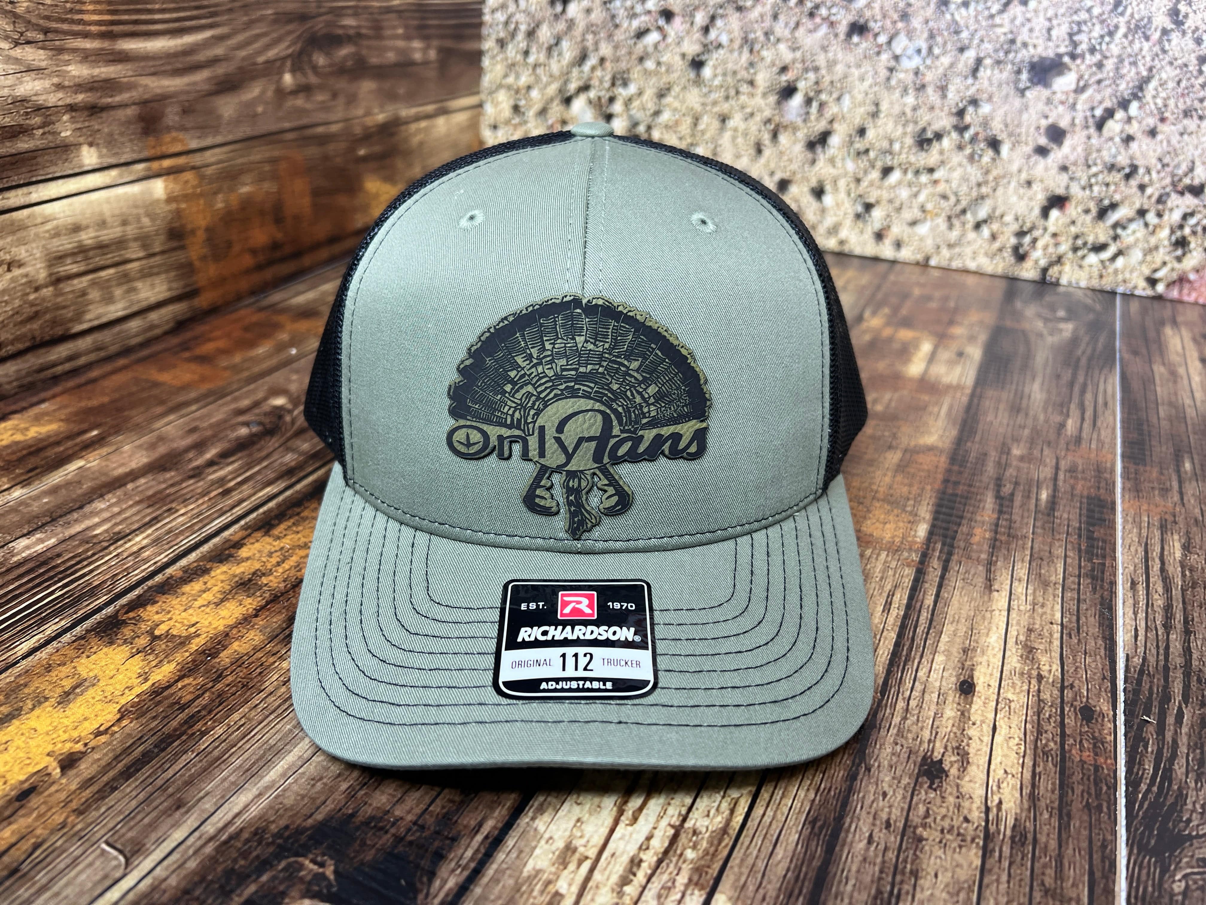 OnlyFans Leatherette Patch on a Richardson 112 Trucker Hat Turkey Hunter Baseball - F5 Custom Designs
