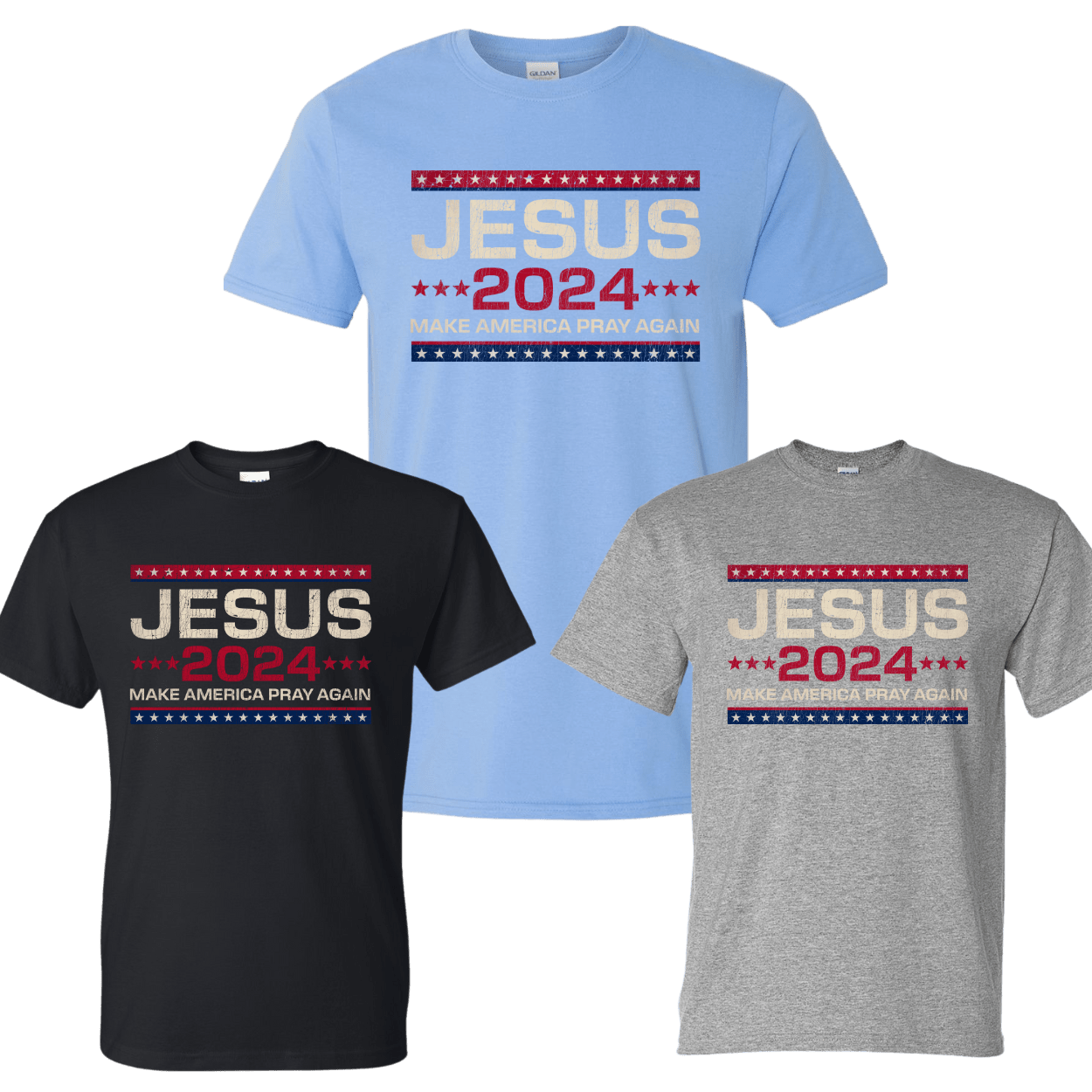 Vintage Jesus Make America Pray Again 2024 T-shirt with moisture-wicking fabric in Carolina Blue, Black, and Sport Grey
