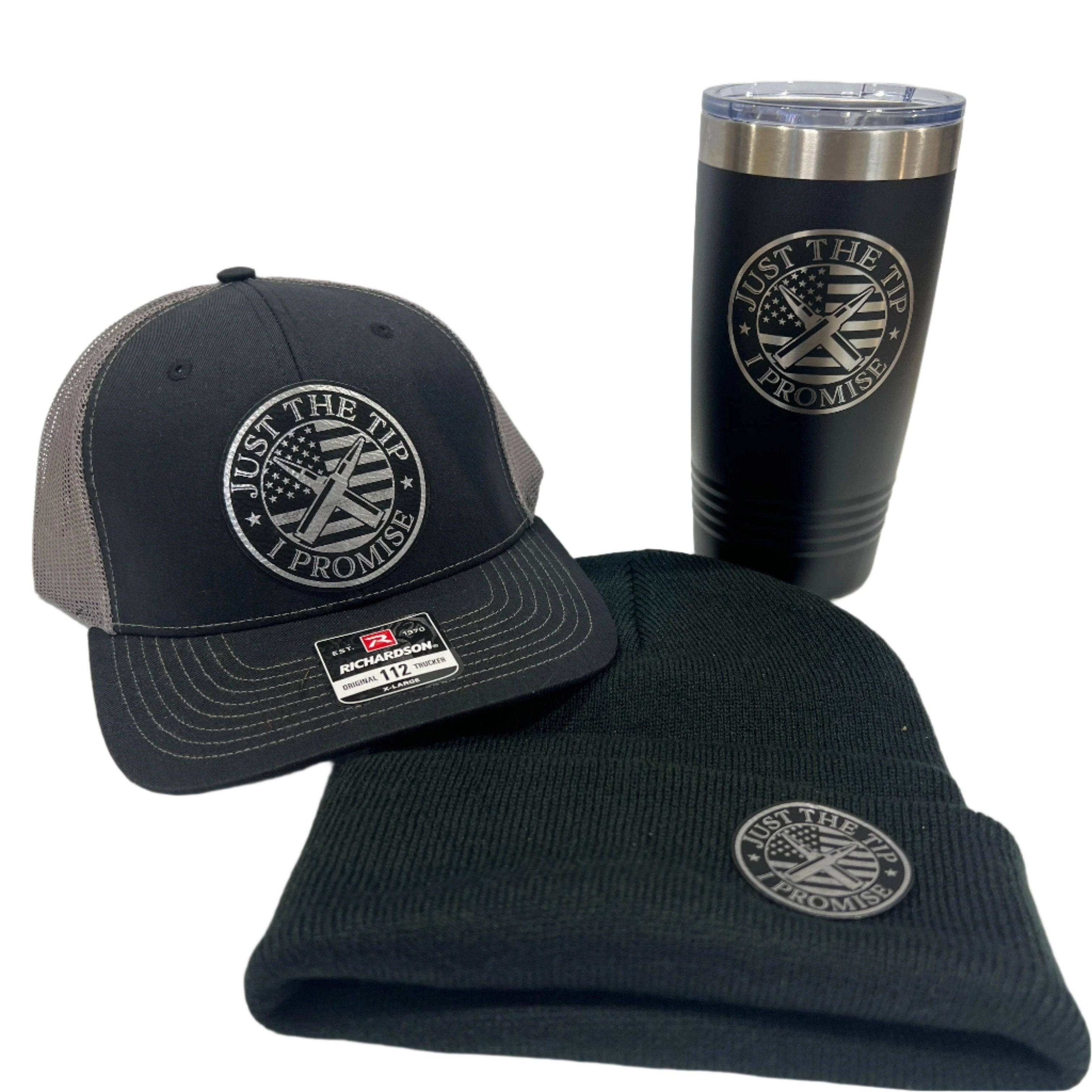 Just The Tip Patch Richardson 112 Trucker Hat, matching beanie, and 20oz Polar Camel tumbler bundle
