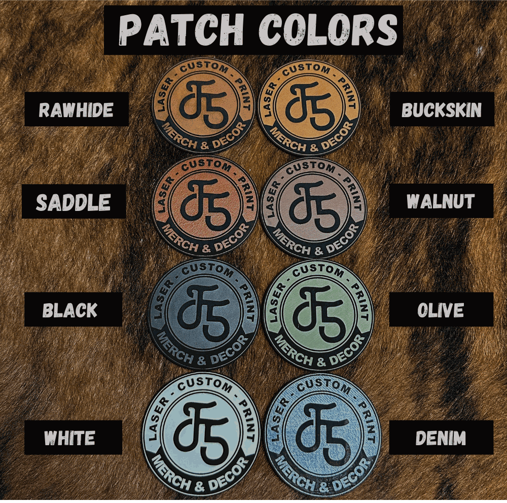 Custom laser engraved leatherette patches for hats and bags with personalized text and logos in various colors and shapes