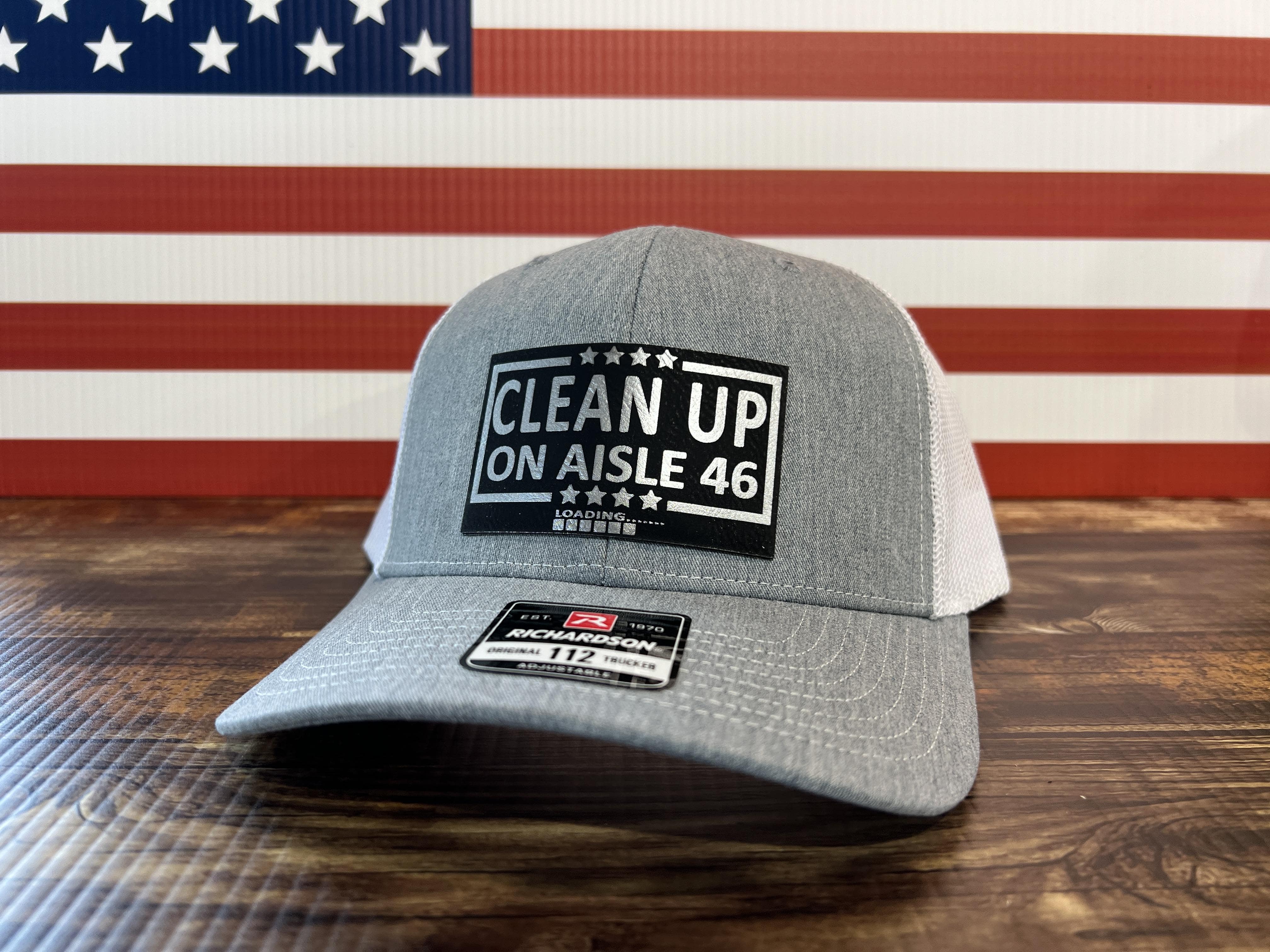 Cleanup On Aisle 46 Hat Premium Leatherette Patch on Richardson 112 Trucker Hat - F5 Custom Designs