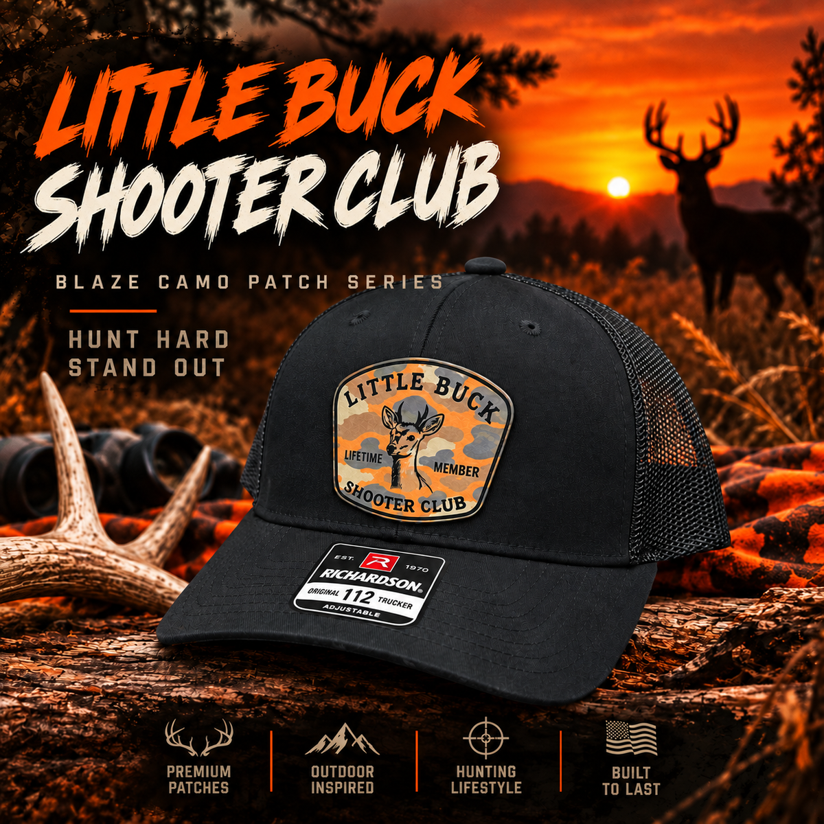Little Buck Shooter Club Blaze Camo Richardson 112 Trucker Hat in a hunting scene