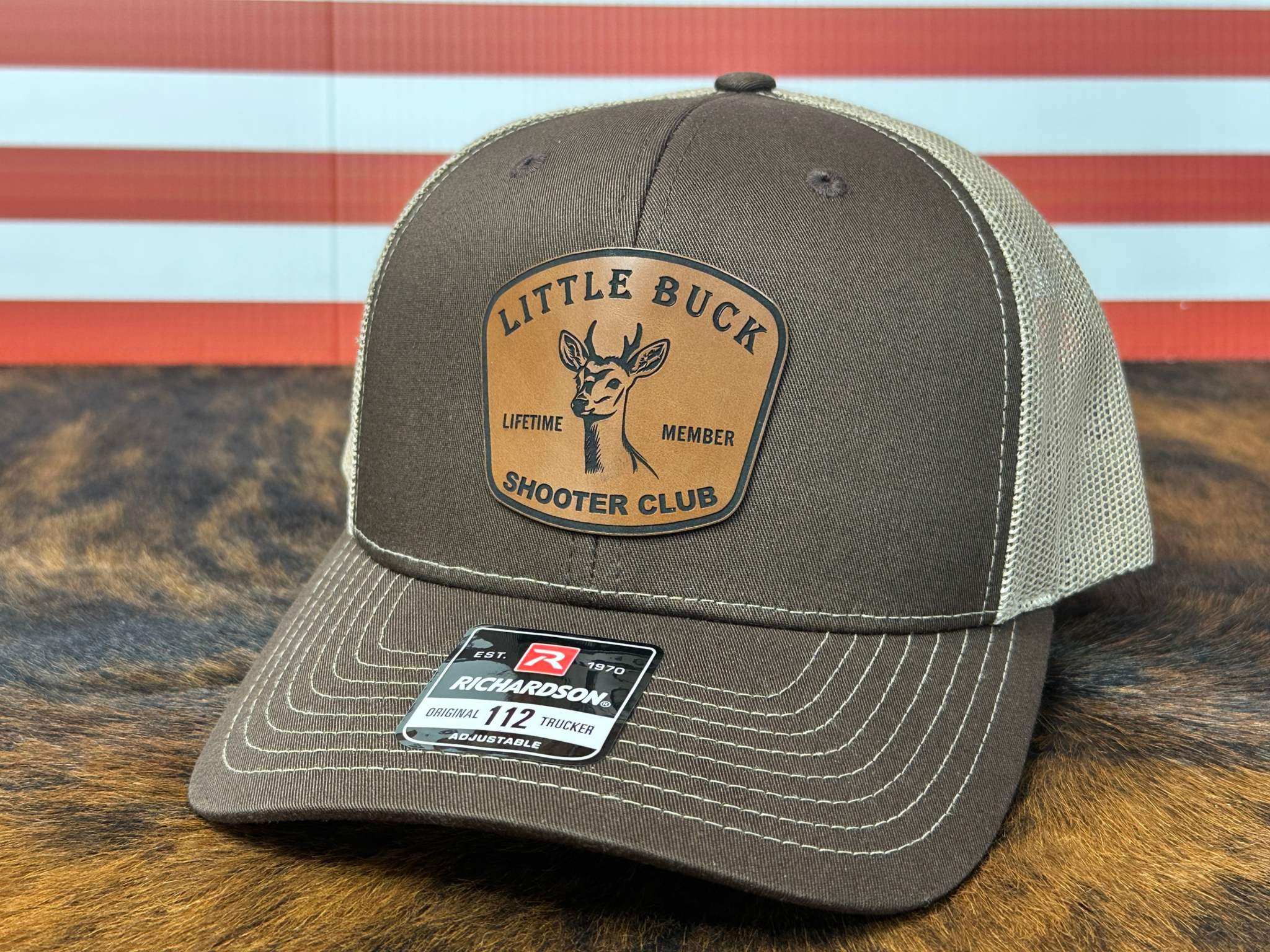 Little Buck Shooter Club Hat Richardson 112 adjustable snapback trucker cap with laser engraved leatherette patch