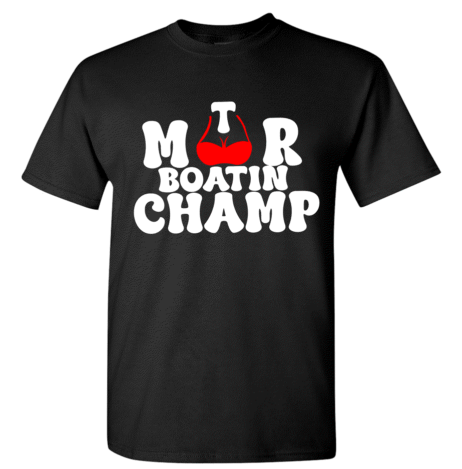 Motor Boat Champion Shirt cotton poly blend with bold patriotic design for lake and beach lovers