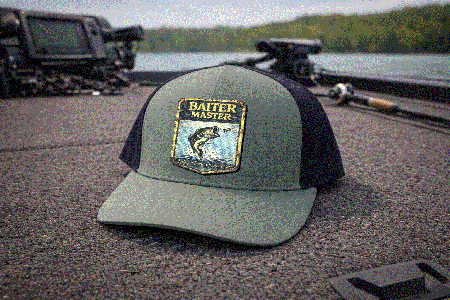 Green and black cap with a 'Baiter Master' logo on a dock by a lake.