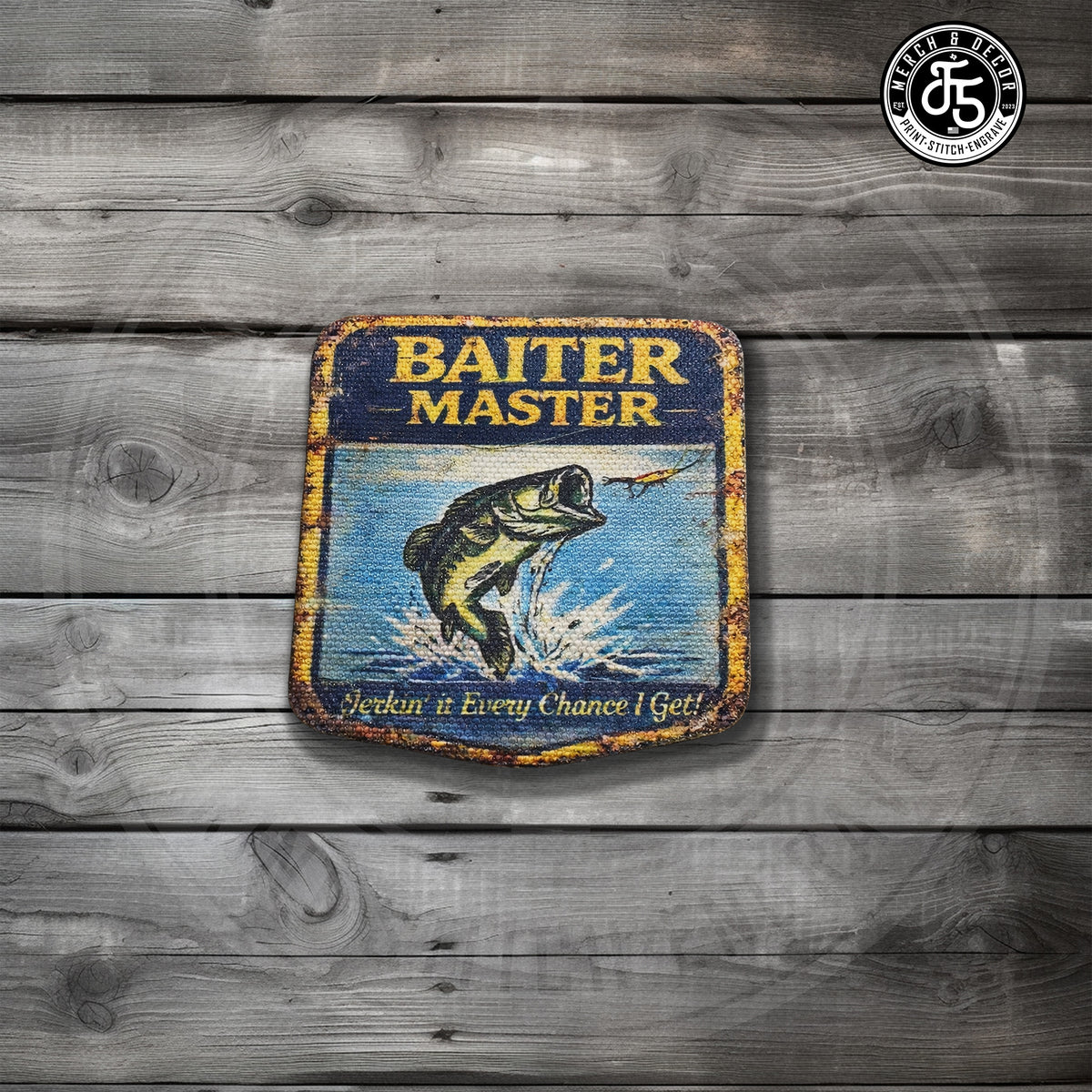 Master Baiter UV Printed Hat Patch on ProWeave with wood background