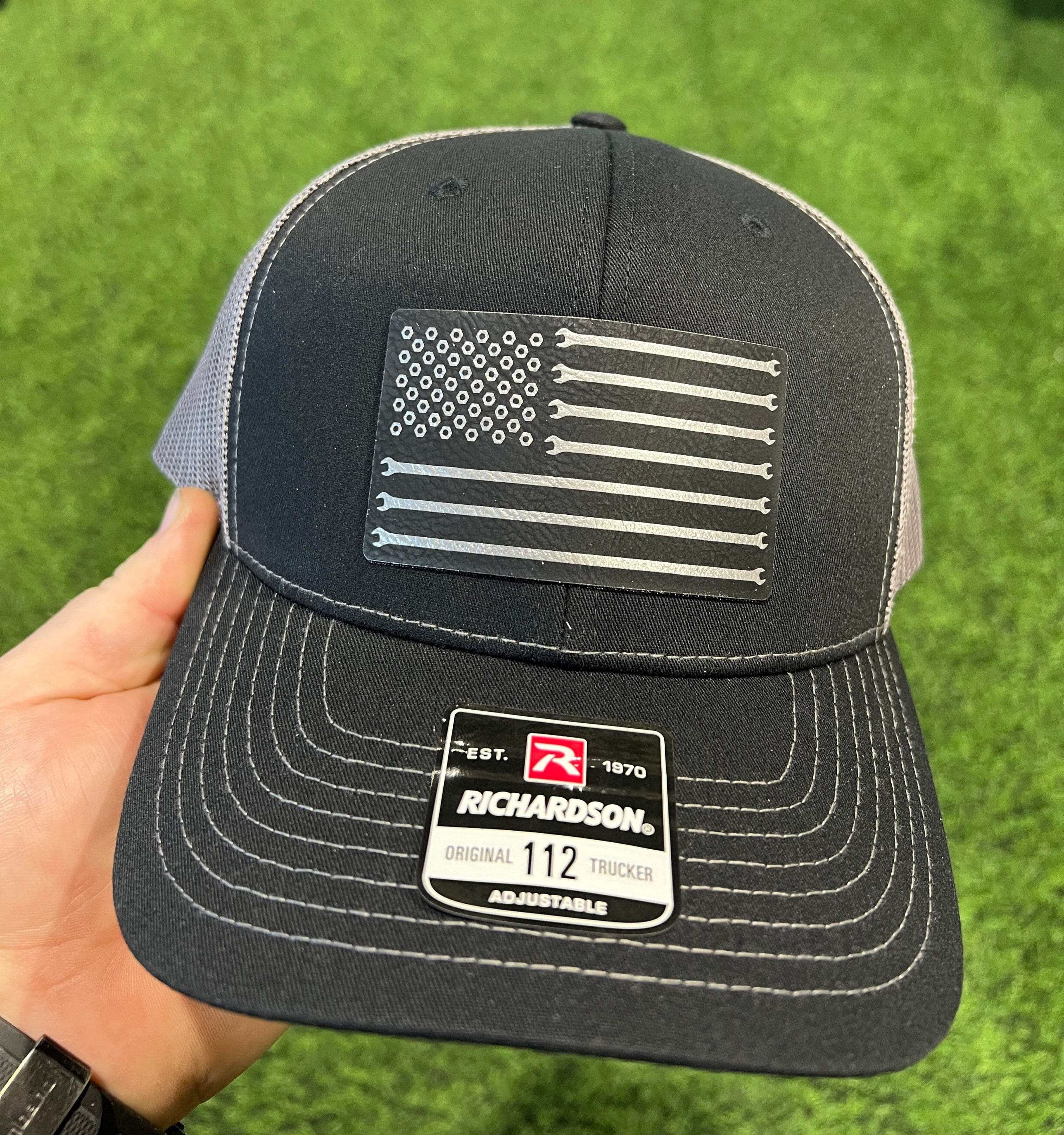 Mechanics Wrench Flag Hat with engraved leatherette patch on Richardson 112 trucker baseball cap