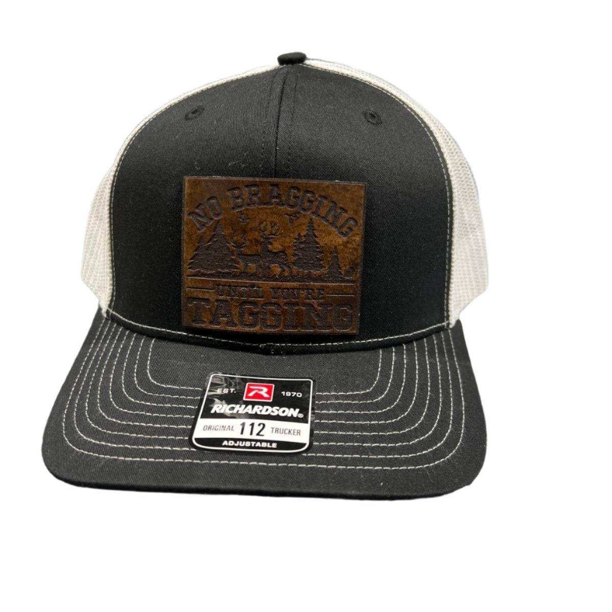 No Bragging Until Your Tagging custom patch trucker hat with genuine leather on Richardson 112 adjustable snapback