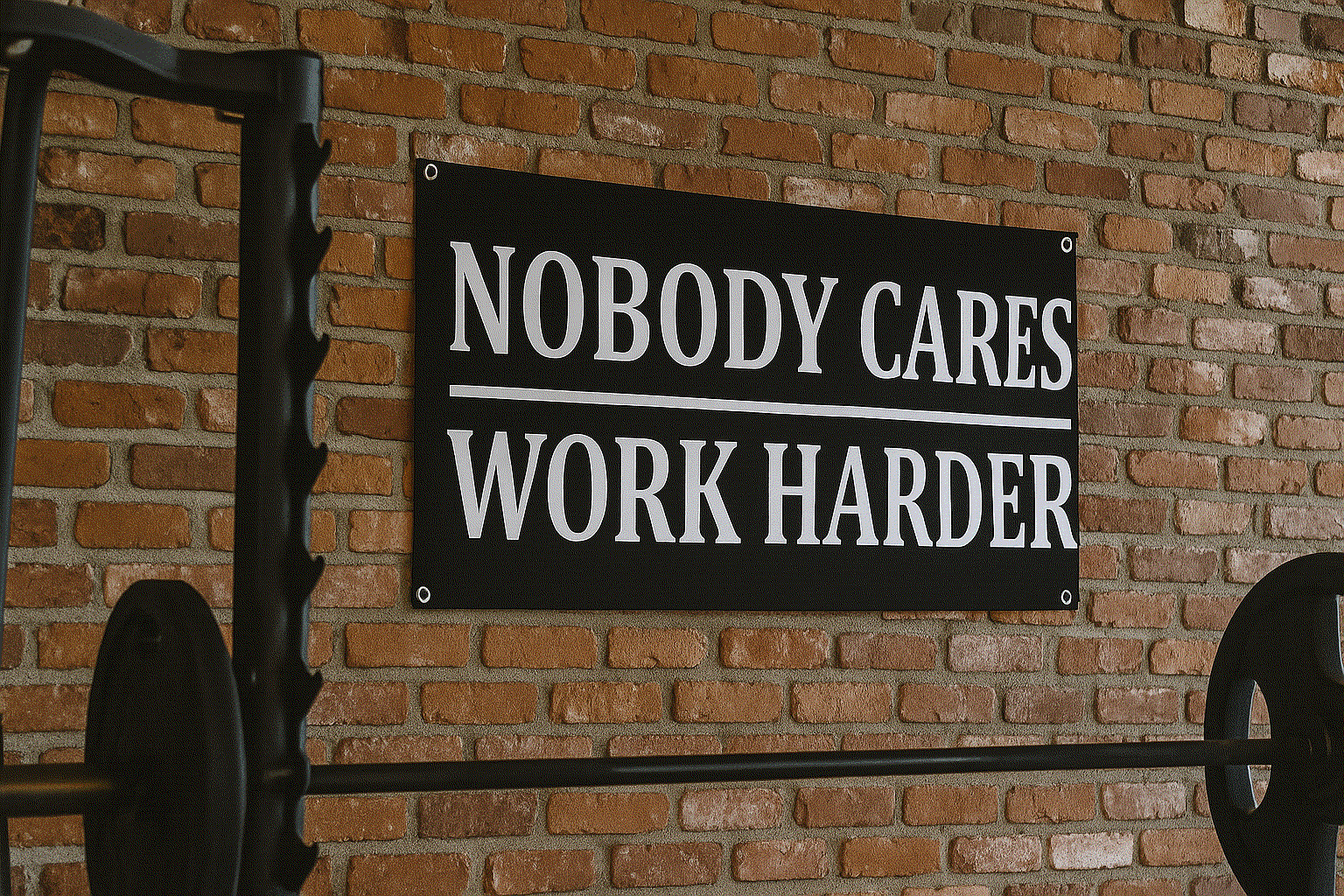 Motivational sign 'Nobody Cares Work Harder' on a brick wall with gym equipment.