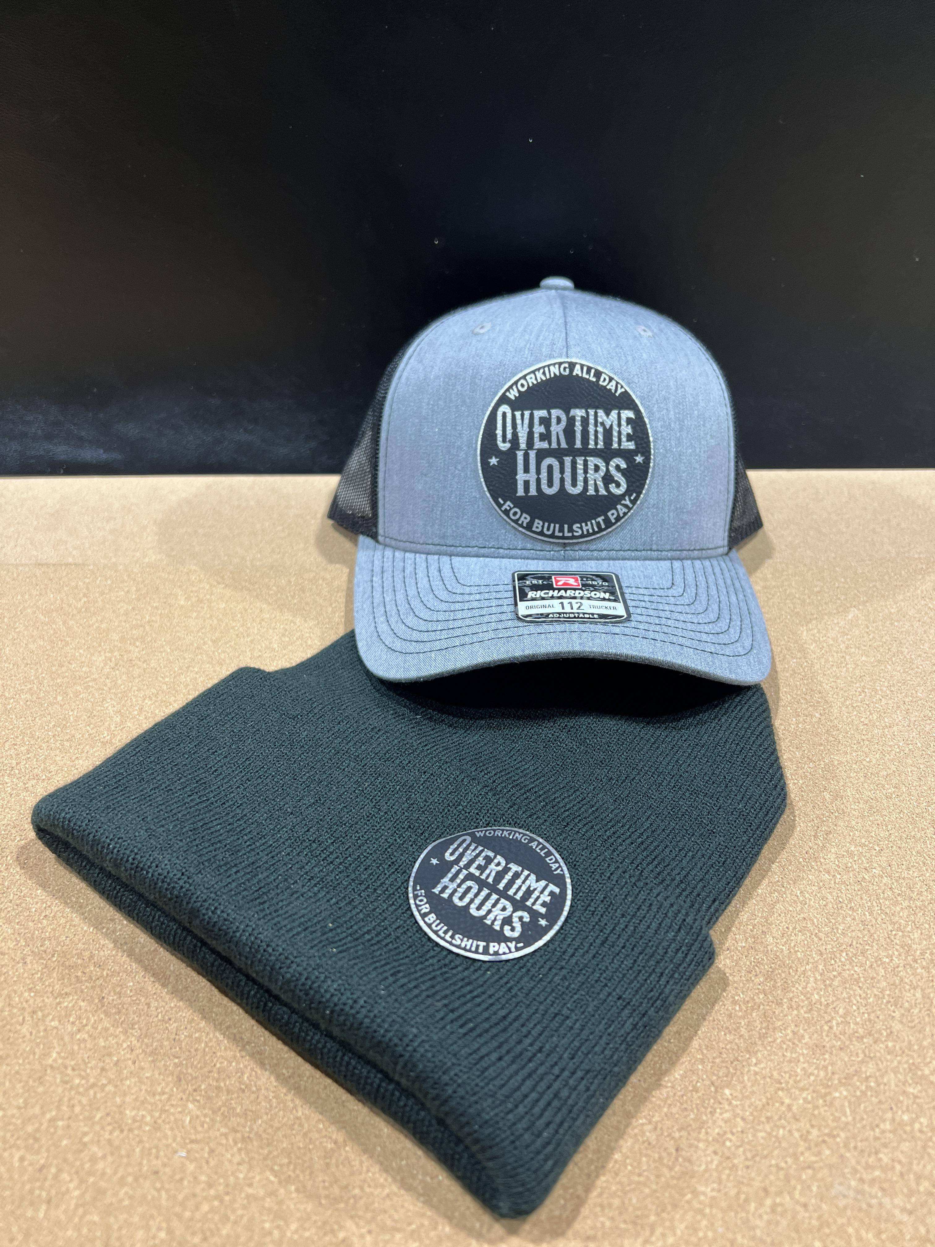 Richardson 112 trucker hat and beanie featuring laser engraved Overtime Hours Leatherette Patch
