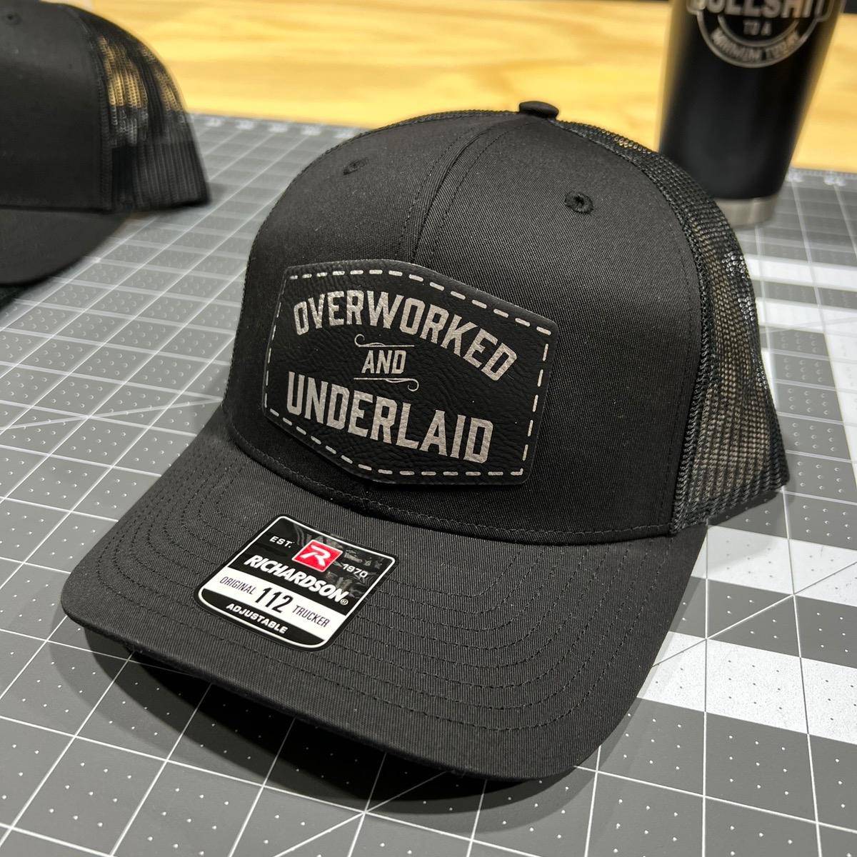 Overworked and Underlaid Patch Hat Richardson 112 Trucker hat with Snap Back - F5 Custom Designs