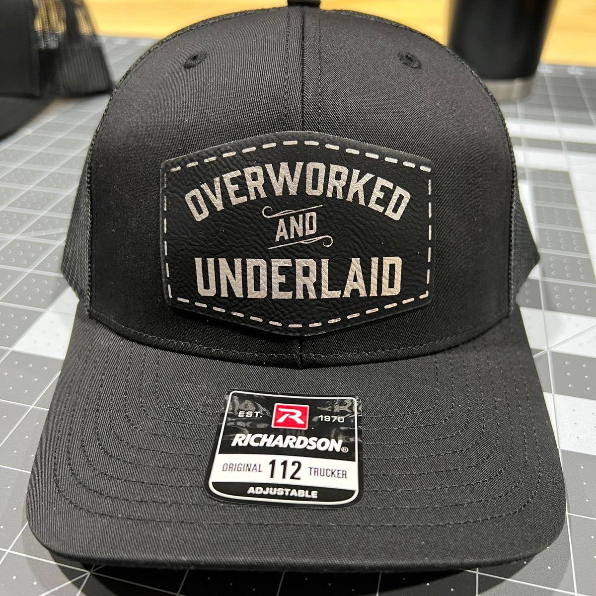 Overworked and Underlaid Patch Hat Richardson 112 Trucker hat with Snap Back - F5 Custom Designs