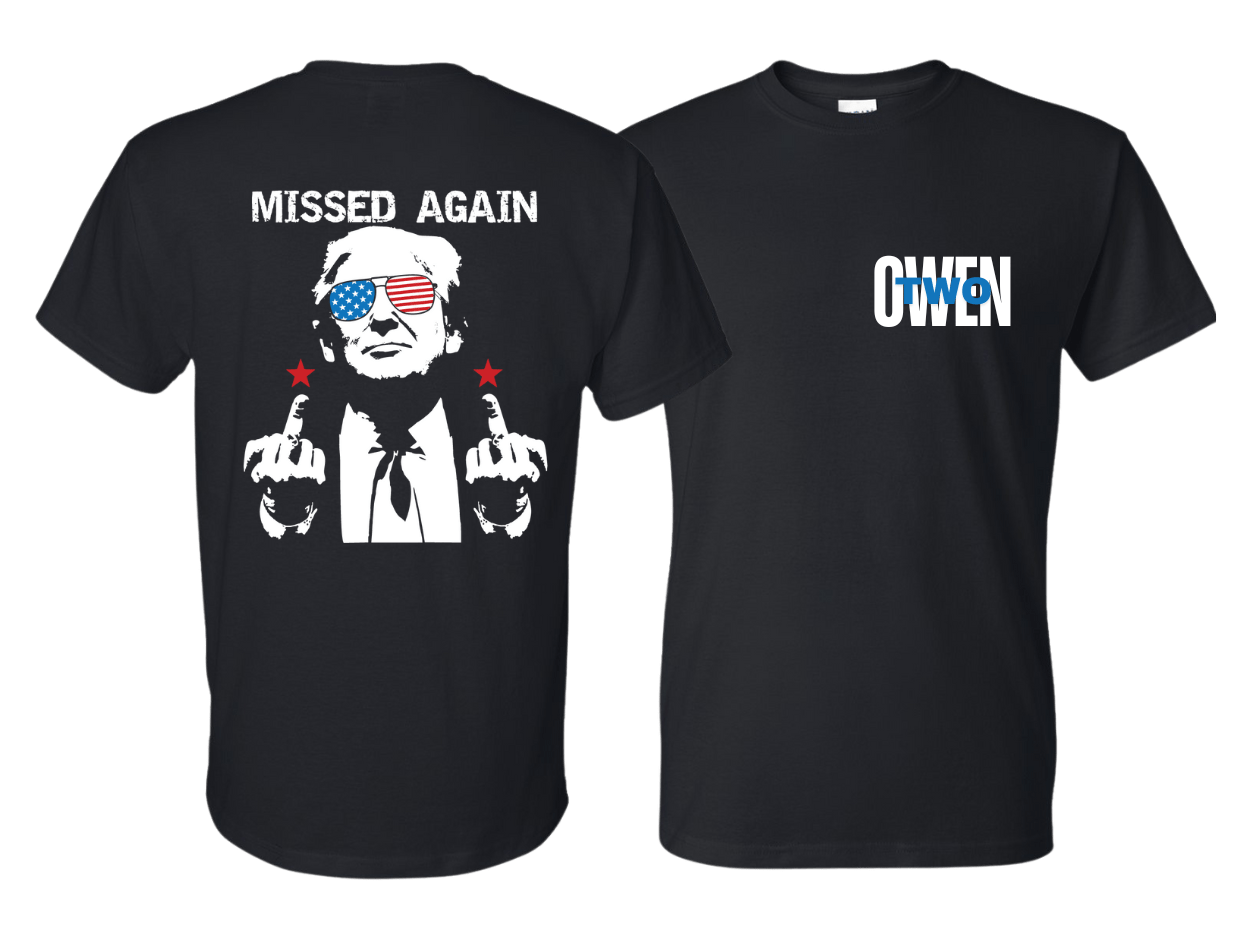 Owen Two Missed Again moisture-wicking DryBlend t-shirt in black and grey, funny adult tee with classic fit and tearaway label