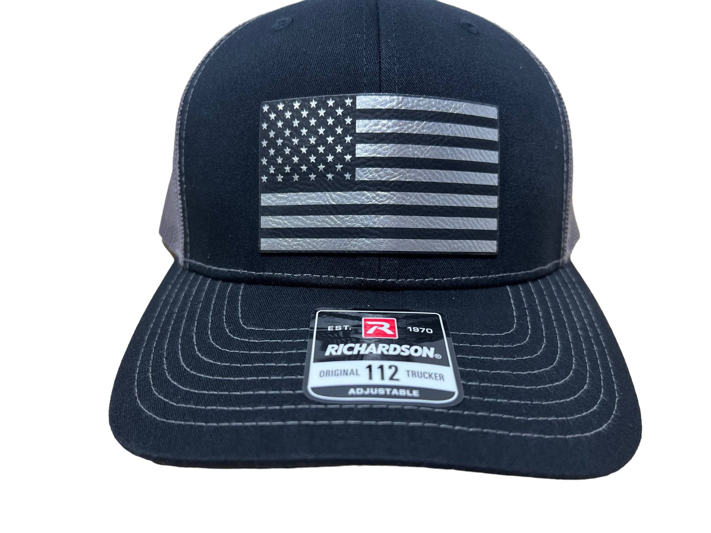 American Flag Hat with Premium Leatherette Patch on a Richardson 112 Trucker Hat. - F5 Custom Designs