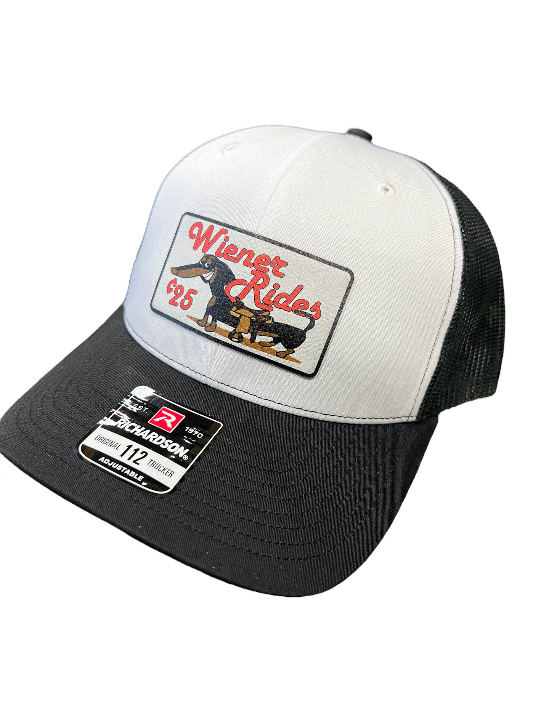 Wiener Rides Patch Hat with a UV Printed Premium Leatherette Patch on a Richardson 112 Trucker Hat - F5 Custom Designs
