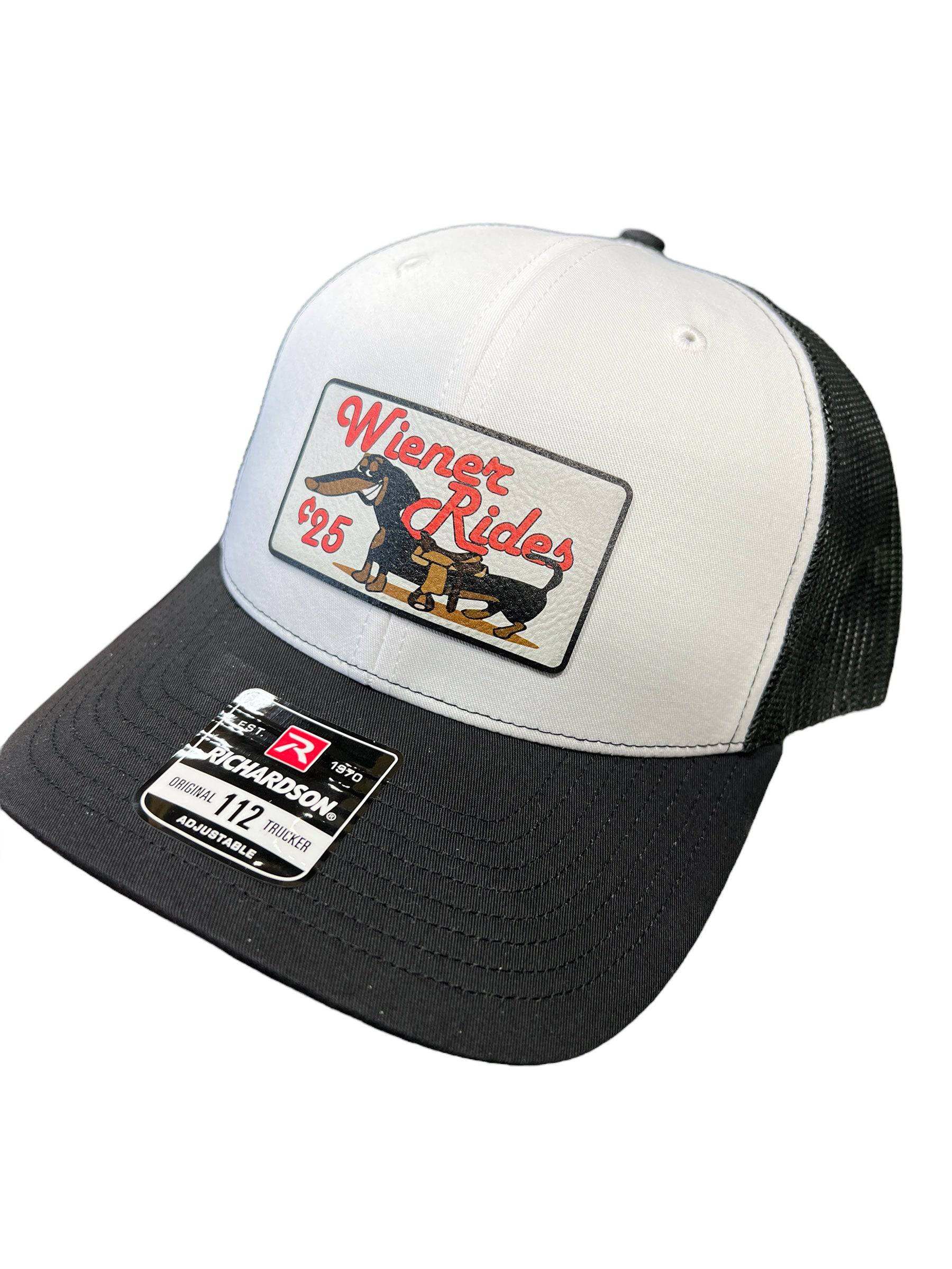 Wiener Rides Patch Hat UV printed leatherette patch on Richardson 112 trucker hat with adjustable snapback