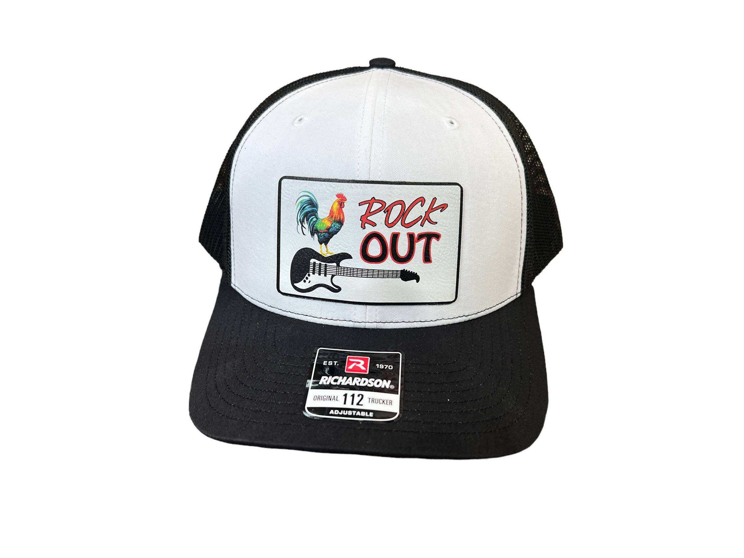 Rock Out UV Printed Custom Patch hat on adjustable Richardson 112 trucker hat with premium leatherette patch