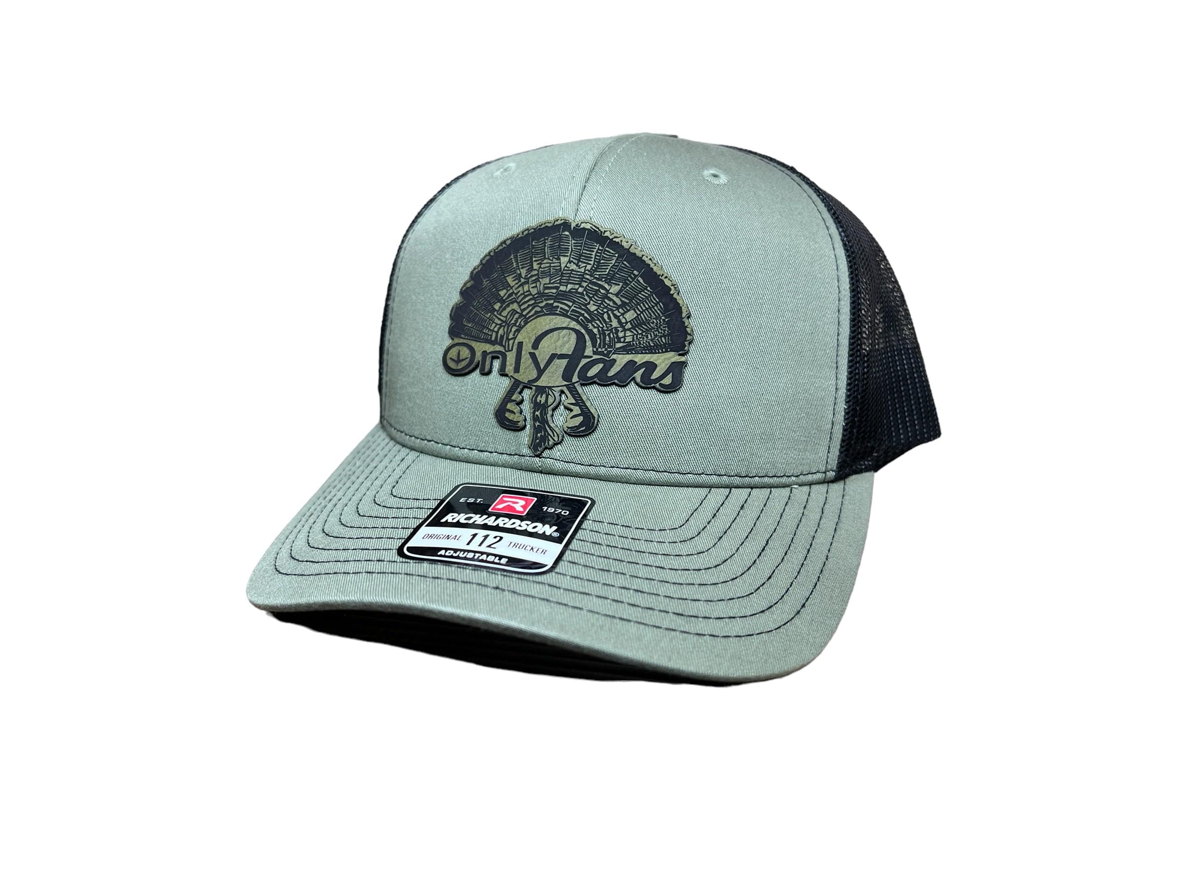 OnlyFans Leatherette Patch on Richardson 112 Trucker Hat for turkey hunters with adjustable snapback and breathable mesh panels