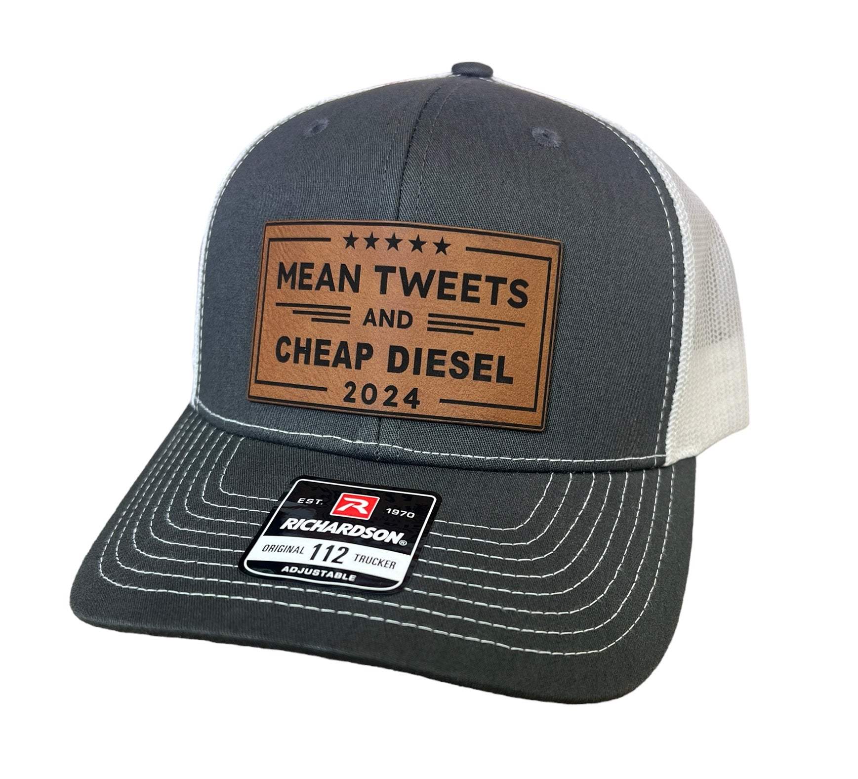 Mean Tweets Cheap Gas or Diesel Leatherette Patch on Richardson 112 Trucker Hat with adjustable snapback