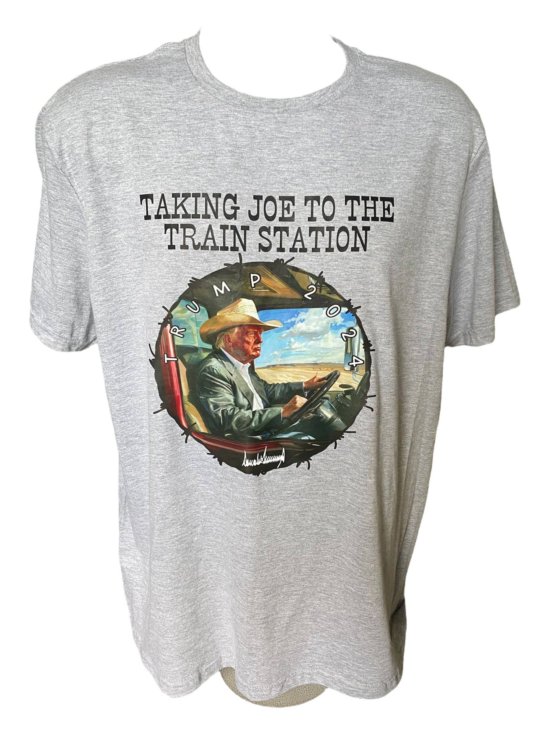 Trump Taking Joe to Train Station 2024 Felon T-Shirt - DryBlend Moisture Wicking High Quality Unisex TShirt Funny Shirt Unisex Shirt GenX Shirt - F5 Custom Designs