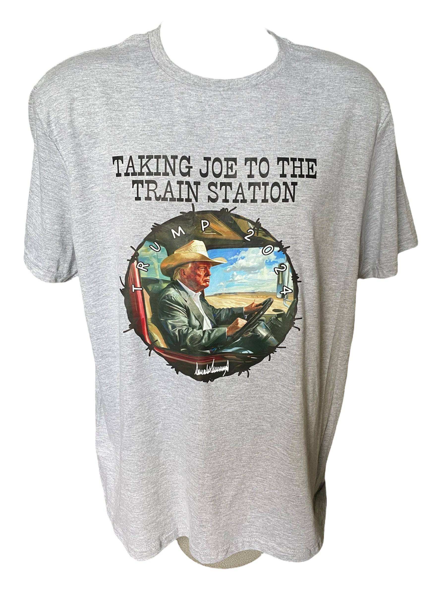 Trump Taking Joe to Train Station 2024 Felon T-Shirt - DryBlend Moisture Wicking High Quality Unisex TShirt Funny Shirt Unisex Shirt GenX Shirt - F5 Custom Designs
