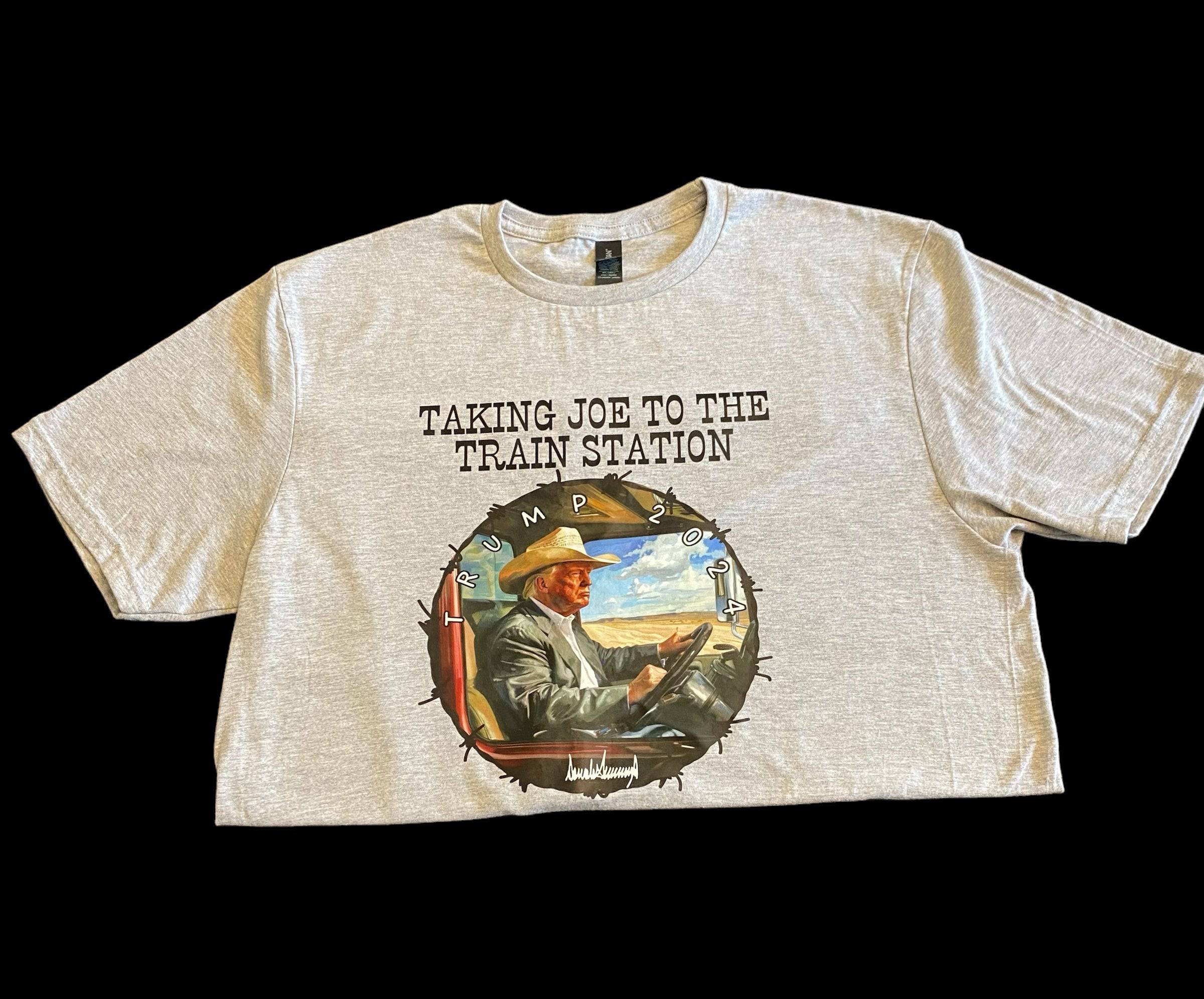 Trump Taking Joe to Train Station 2024 Felon T-Shirt - DryBlend Moisture Wicking High Quality Unisex TShirt Funny Shirt Unisex Shirt GenX Shirt - F5 Custom Designs