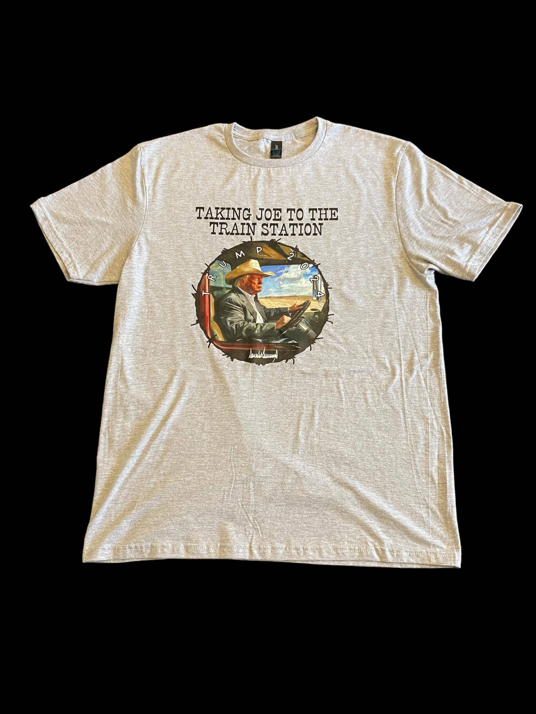 Trump Taking Joe to Train Station 2024 Felon T-Shirt - DryBlend Moisture Wicking High Quality Unisex TShirt Funny Shirt Unisex Shirt GenX Shirt - F5 Custom Designs