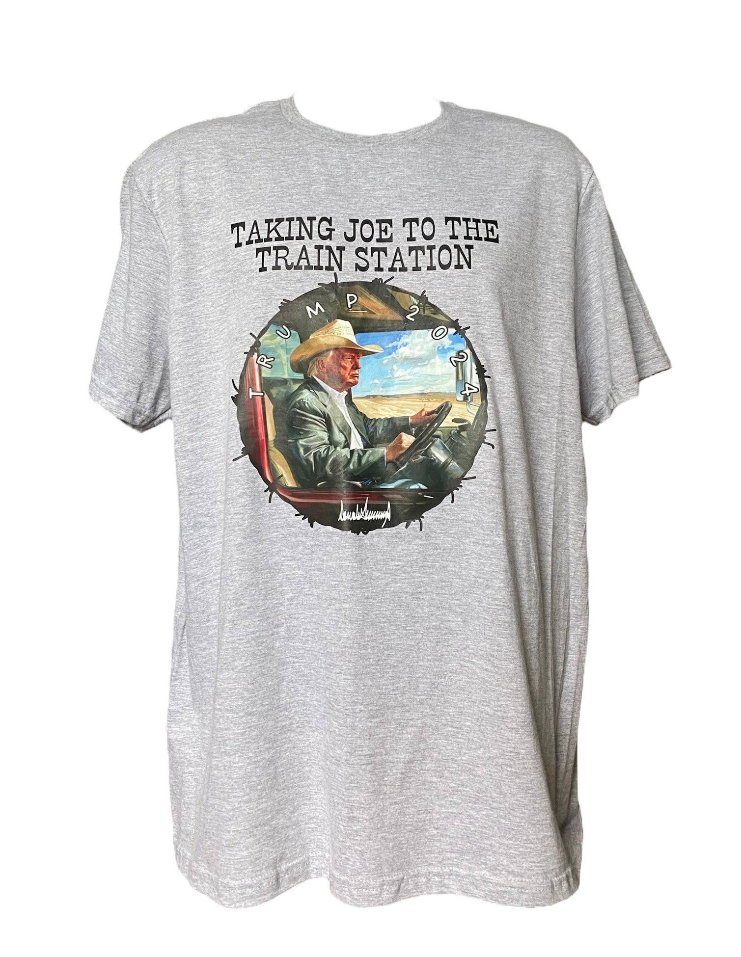 Trump Taking Joe to Train Station 2024 Felon T-Shirt - DryBlend Moisture Wicking High Quality Unisex TShirt Funny Shirt Unisex Shirt GenX Shirt - F5 Custom Designs