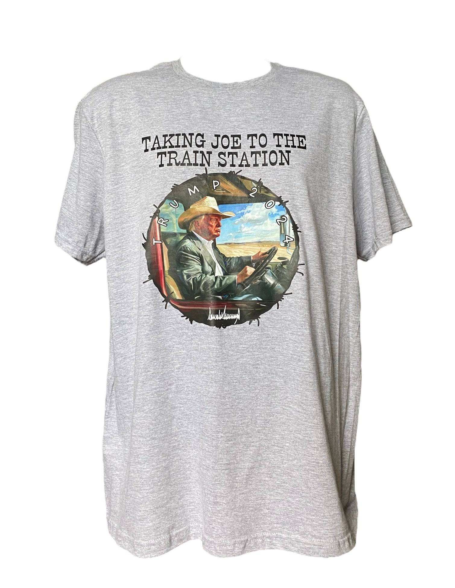 Trump Taking Joe to Train Station 2024 Felon T-Shirt - DryBlend Moisture Wicking High Quality Unisex TShirt Funny Shirt Unisex Shirt GenX Shirt - F5 Custom Designs