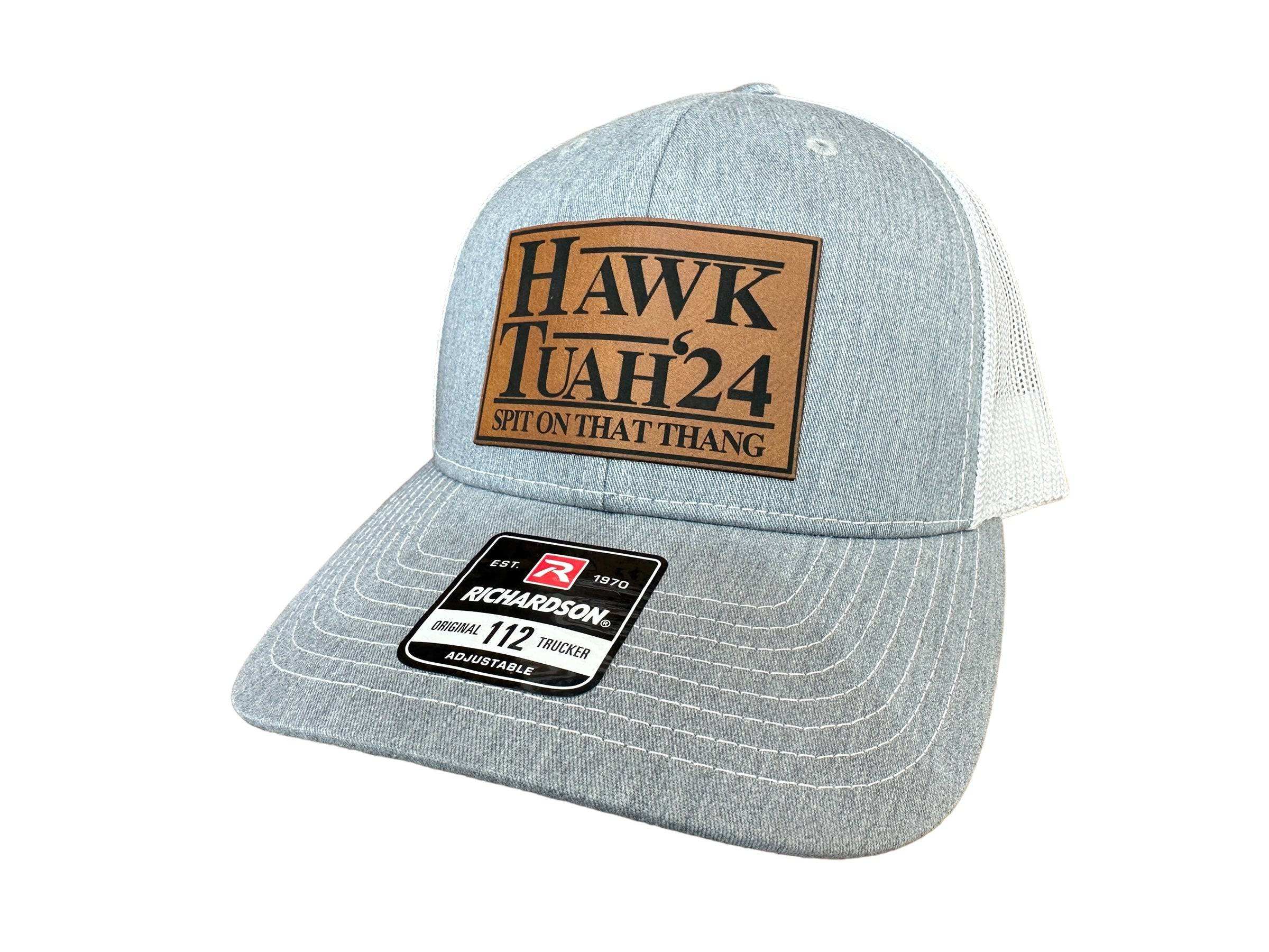 Hawk Tuah Spit on That Thang 2024 trucker hat with premium leatherette patch on Richardson 112 adjustable snapback