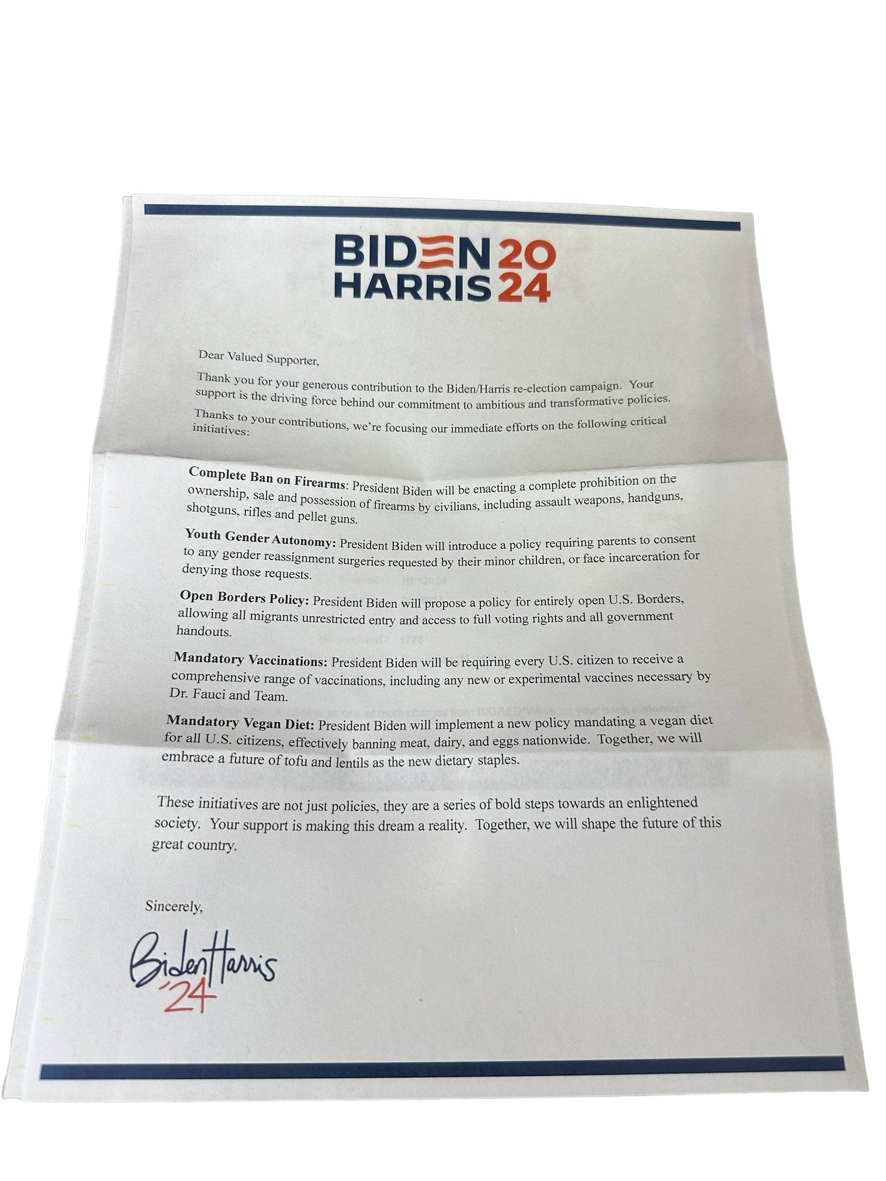 Prank Biden Harris 2024 Donation Package Letter Receipt Sent 100% Anonymous Funny Adult Humor - F5 Custom Designs