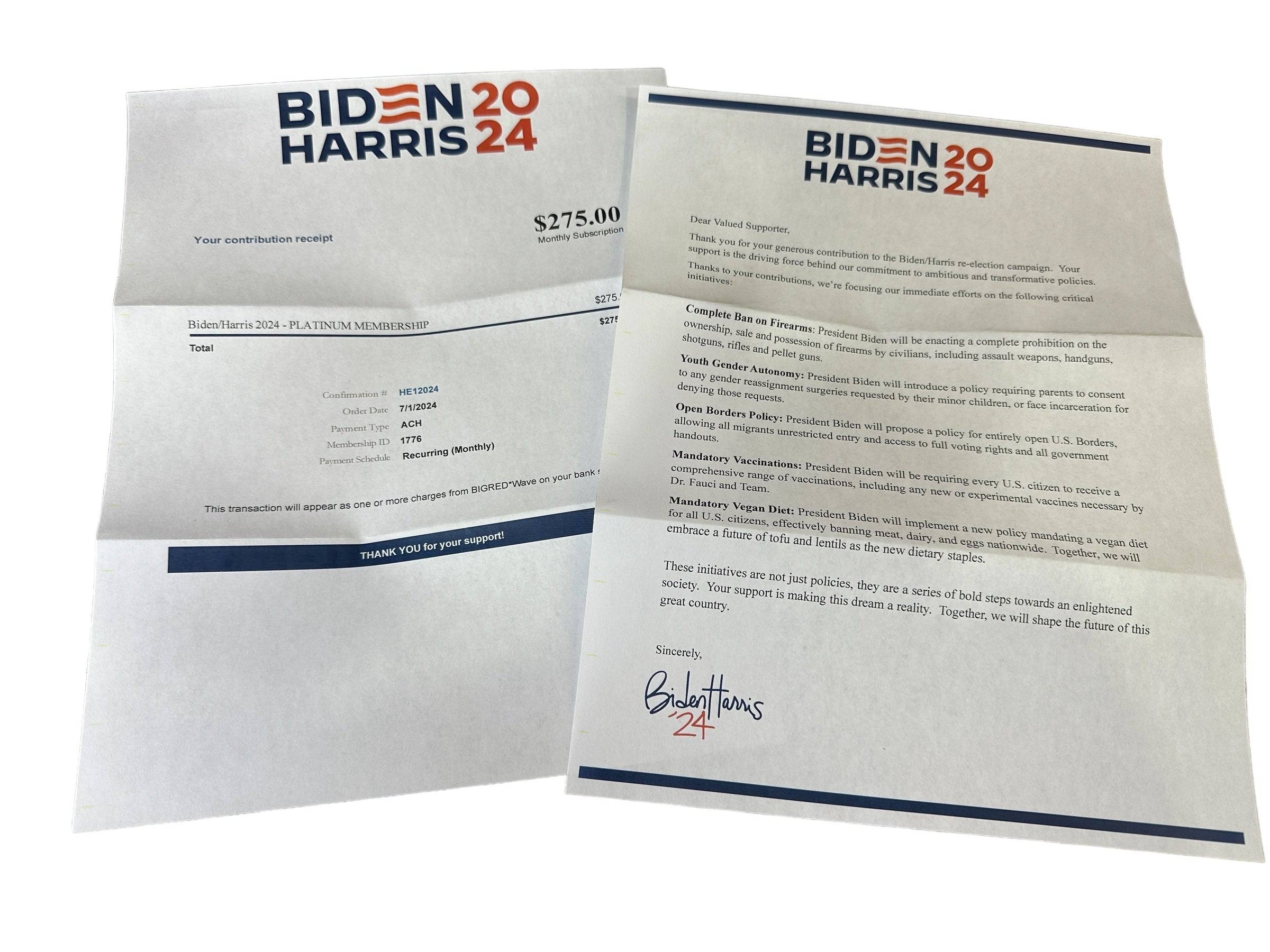 Prank Biden Harris 2024 Donation Package Letter Receipt Sent 100% Anonymous Funny Adult Humor - F5 Custom Designs