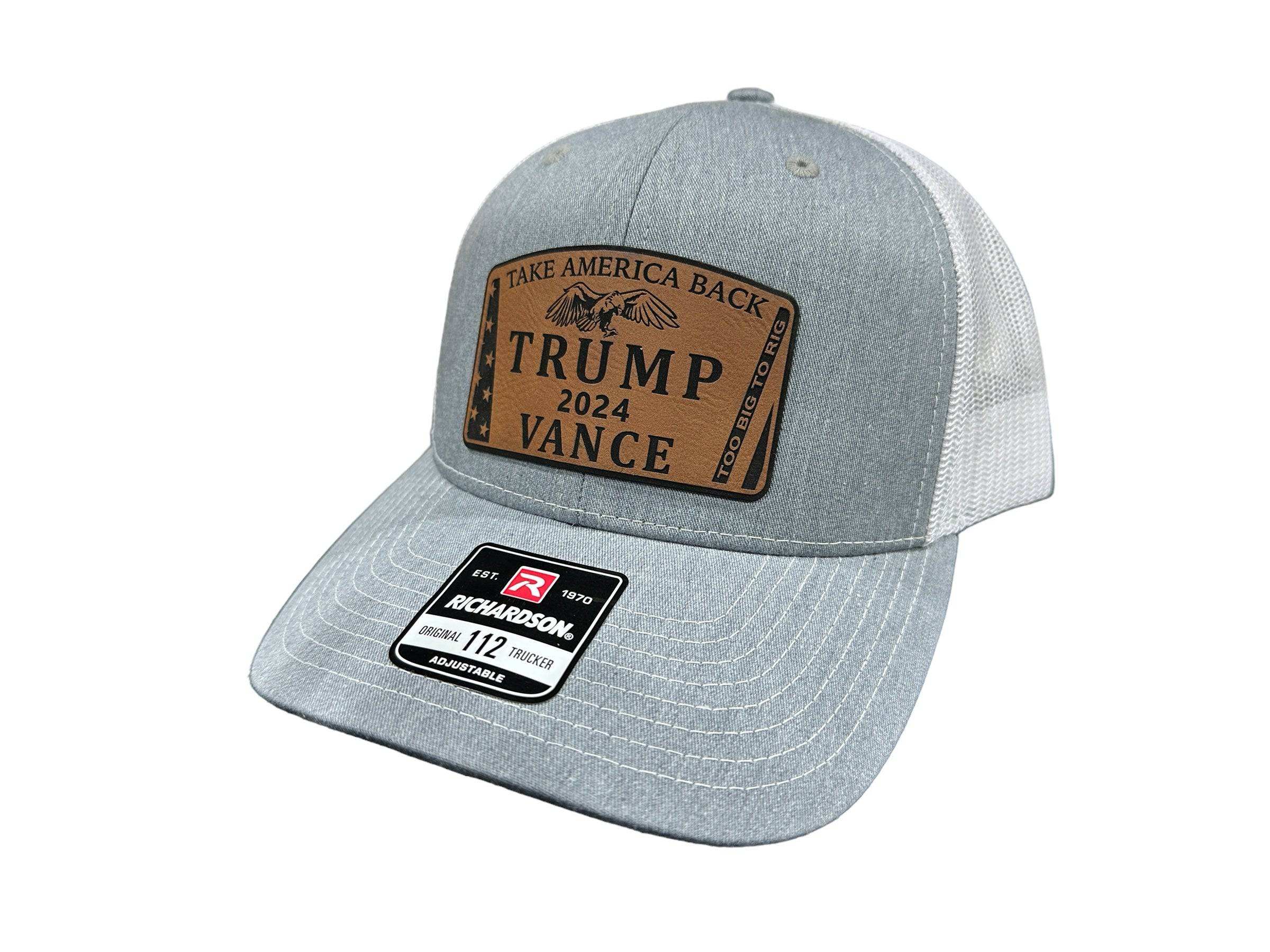 To Big To Rig Trump Vance 2024 Hat Premium Leatherette Patch on Richardson or Yupoong 112 Trucker Hat GenX Hat - F5 Custom Designs