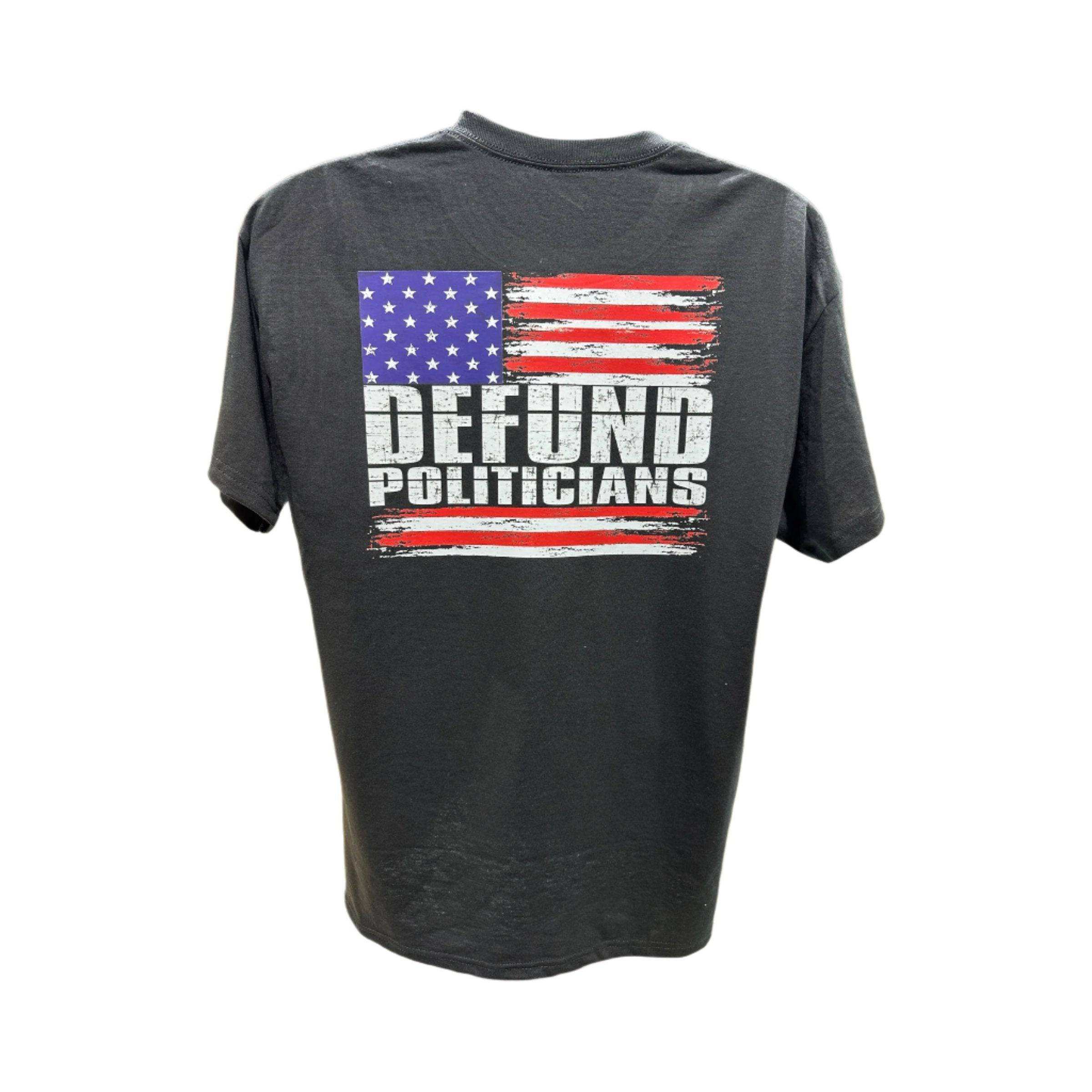 Defund Politicians 2024 T-Shirt in sport grey, Carolina blue, and black with DryBlend moisture-wicking fabric and classic fit