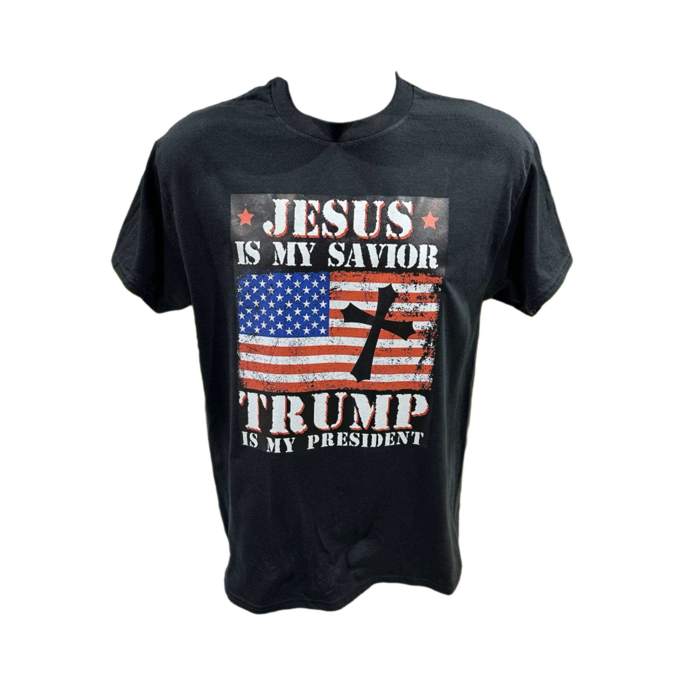 Black unisex T-shirt with Jesus is my Savior Trump is my President design, moisture-wicking DryBlend fabric
