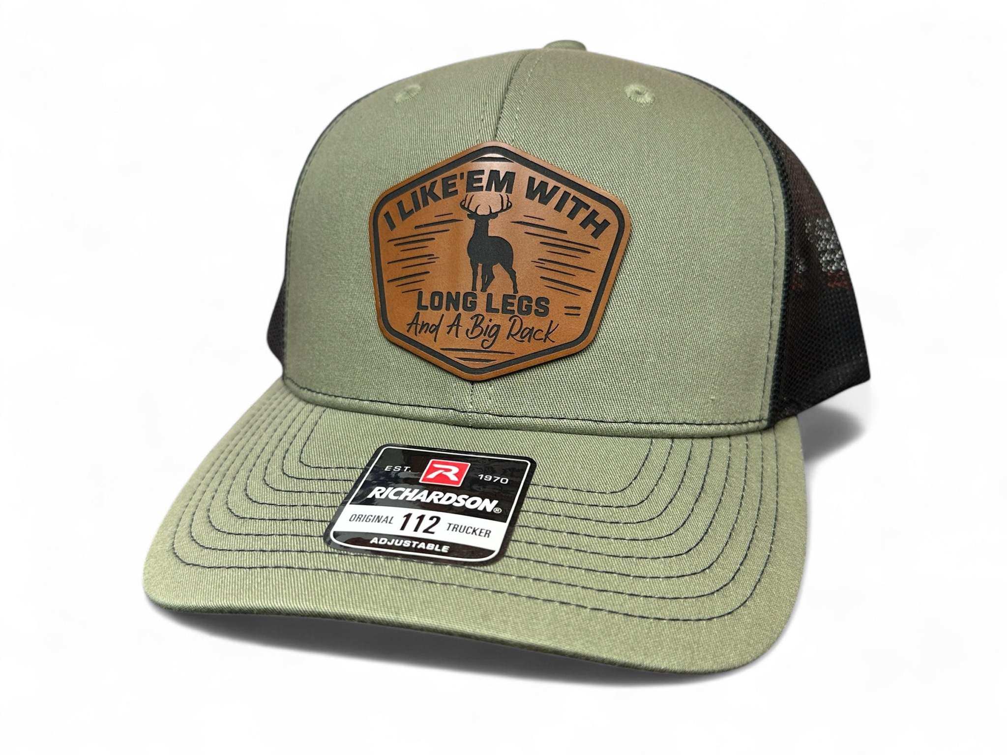 Long Legs and Big Rack Hat leather snapback trucker hat with adjustable fit and laser engraved design