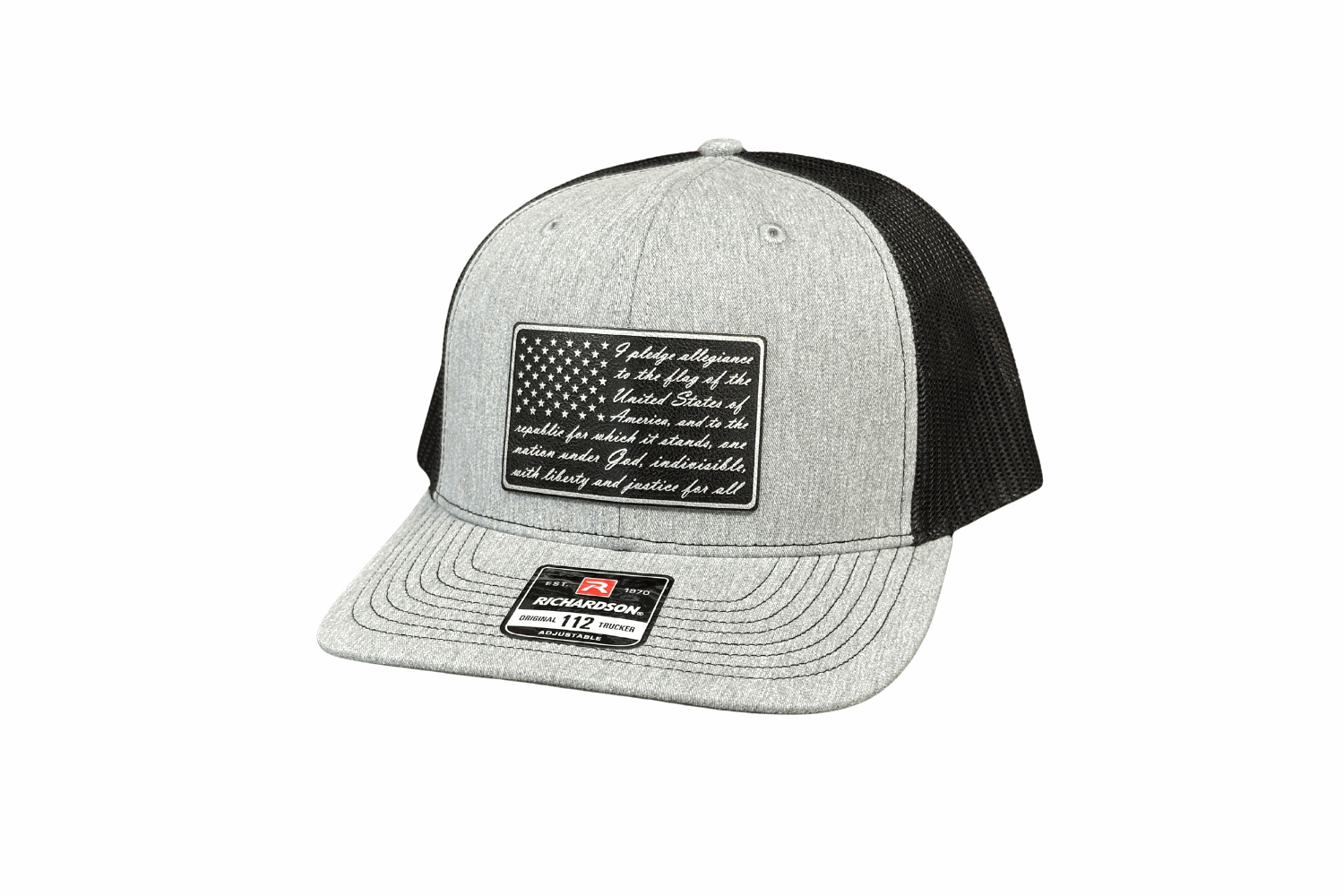 Pledge of Allegiance Hat Custom Patch Hat with American Flag Design on a Richardson 112 Trucker Hat.
