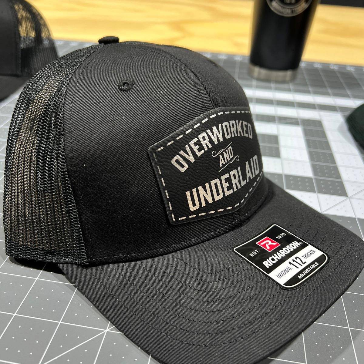 Overworked and Underlaid Patch Hat Richardson 112 Trucker hat with Snap Back - F5 Custom Designs