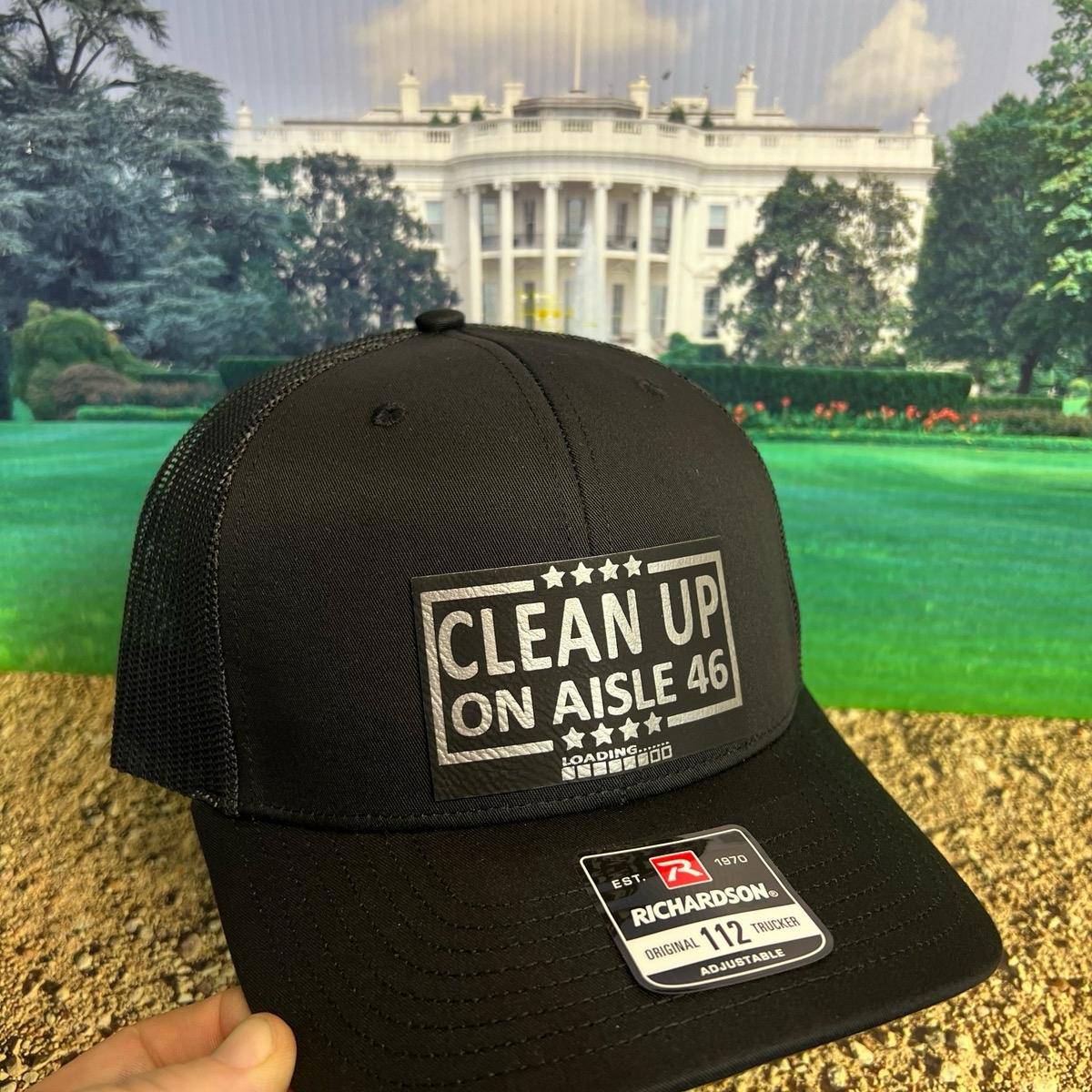 Cleanup On Aisle 46 Hat Premium Leatherette Patch on Richardson 112 Trucker Hat - F5 Custom Designs