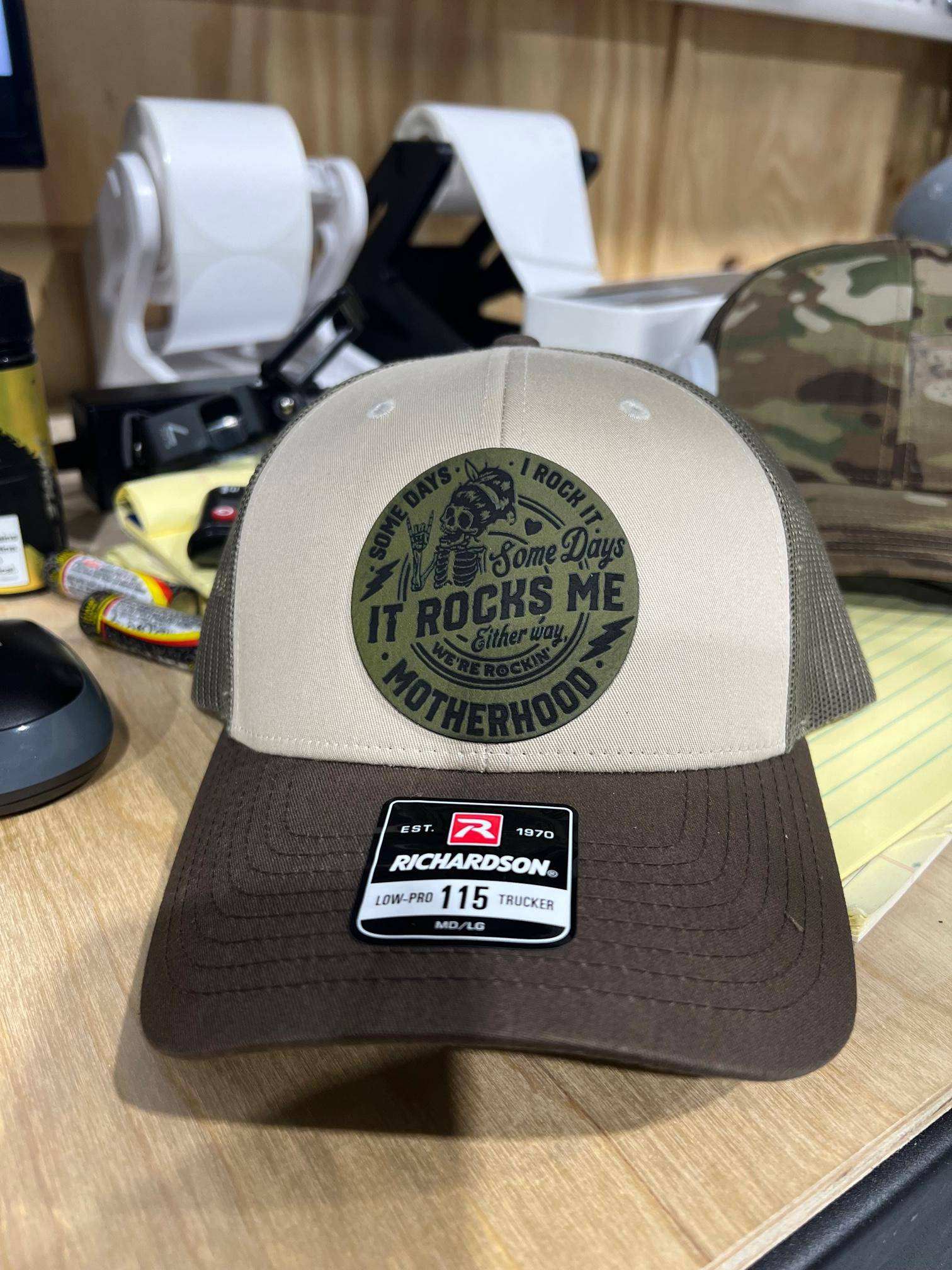 Richardson 115 Trucker Hat with Leatherette Patch and Rocking Motherhood slogan for moms