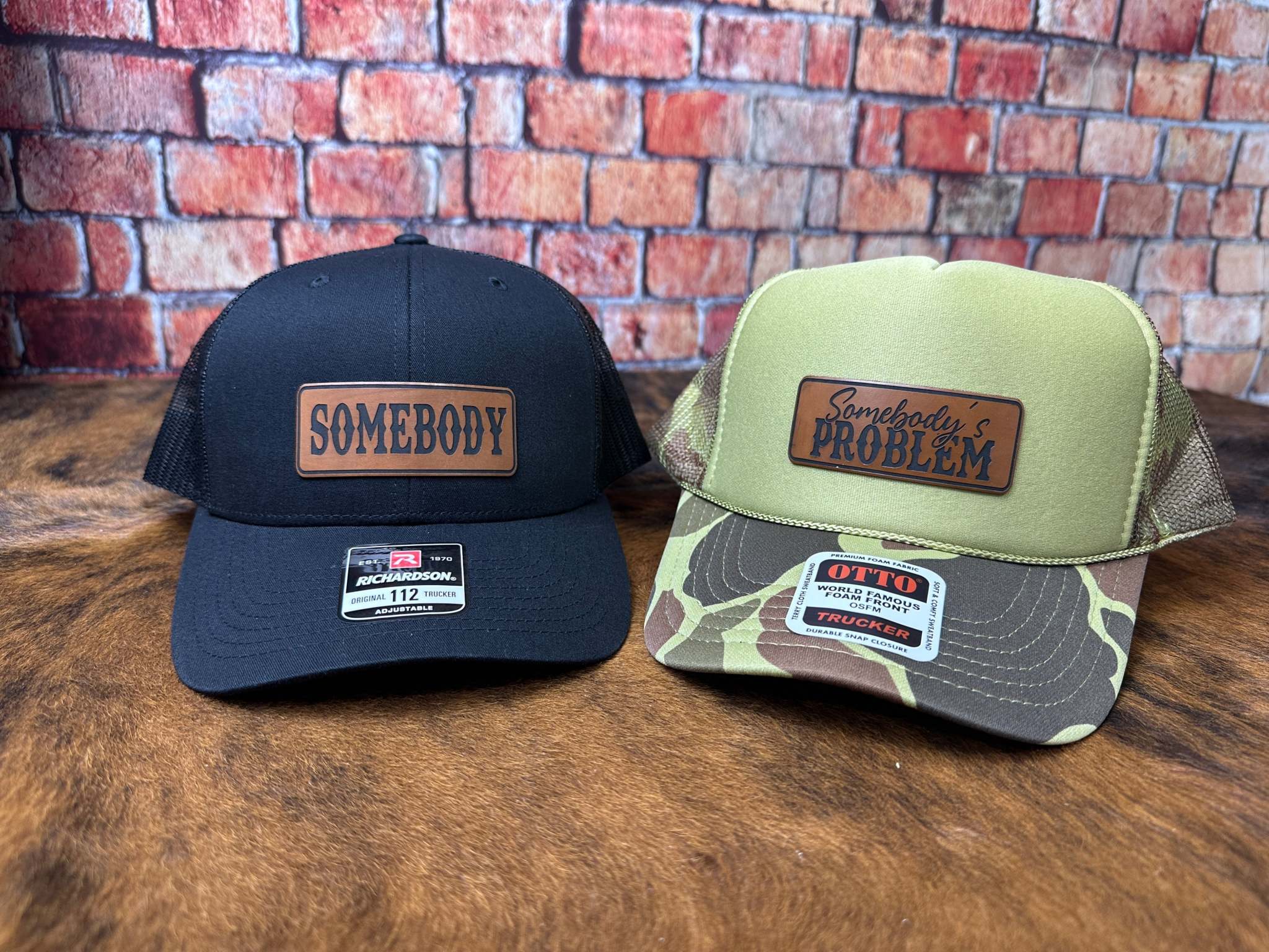 Somebodys Problem Hat set featuring Richardson 112 and foam trucker hats in camouflage, adjustable snapback, unisex matching couple hats