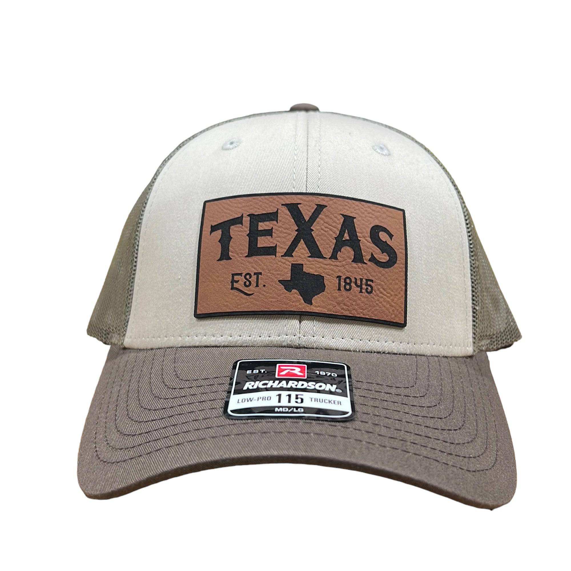 Richardson 112 trucker hat with laser engraved Texas leatherette patch and adjustable snapback