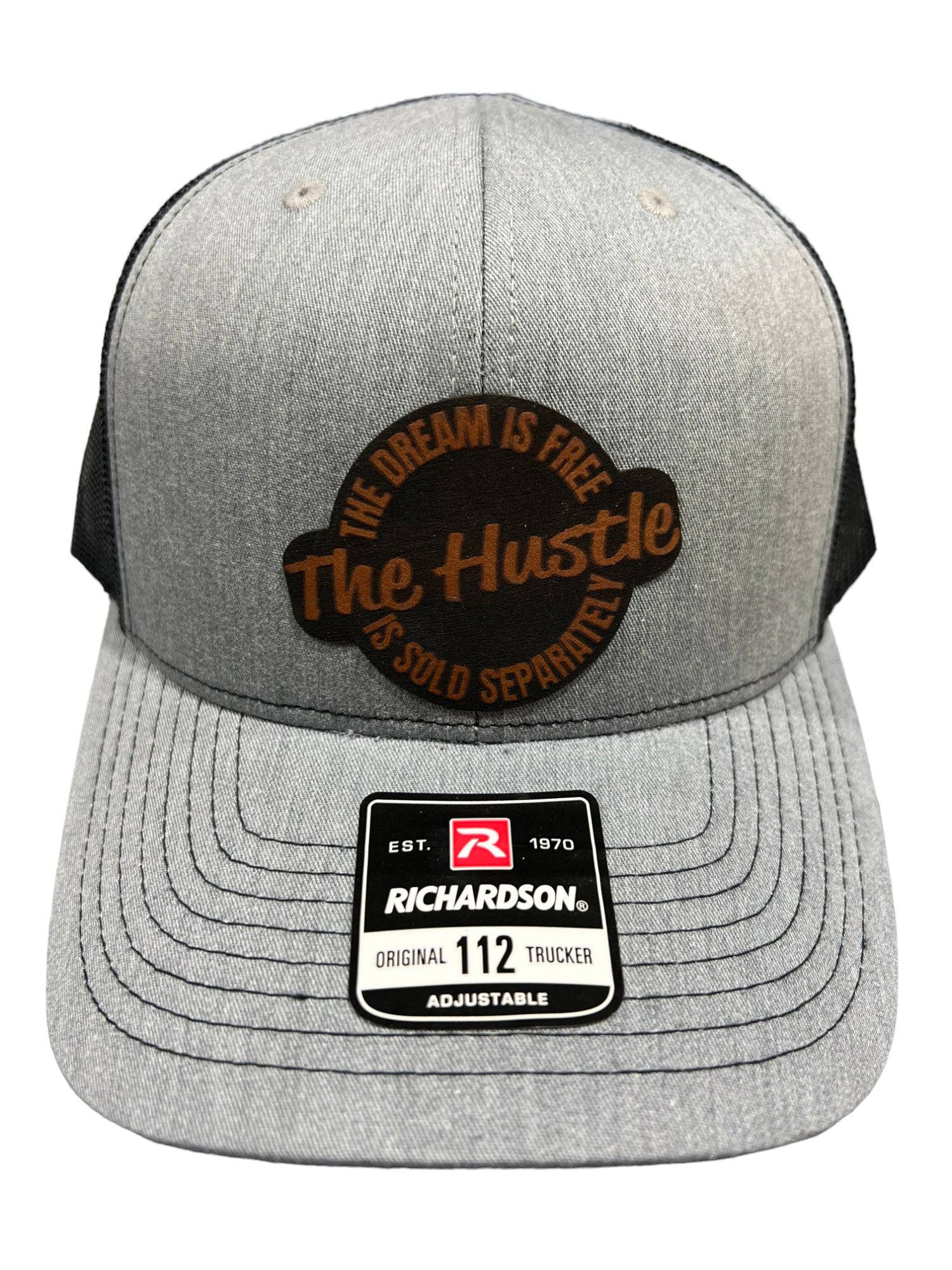 Hustle Patch Hat with leatherette patch on Richardson 112 Trucker Hat - F5 Custom Designs