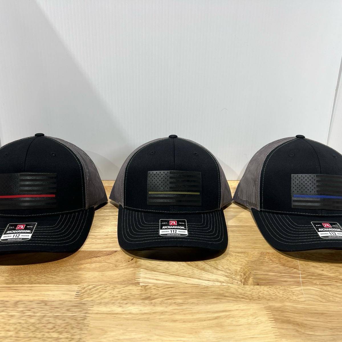 Thin Line Trucker Hats with Premium Leatherette on Richardson 112 - F5 Custom Designs