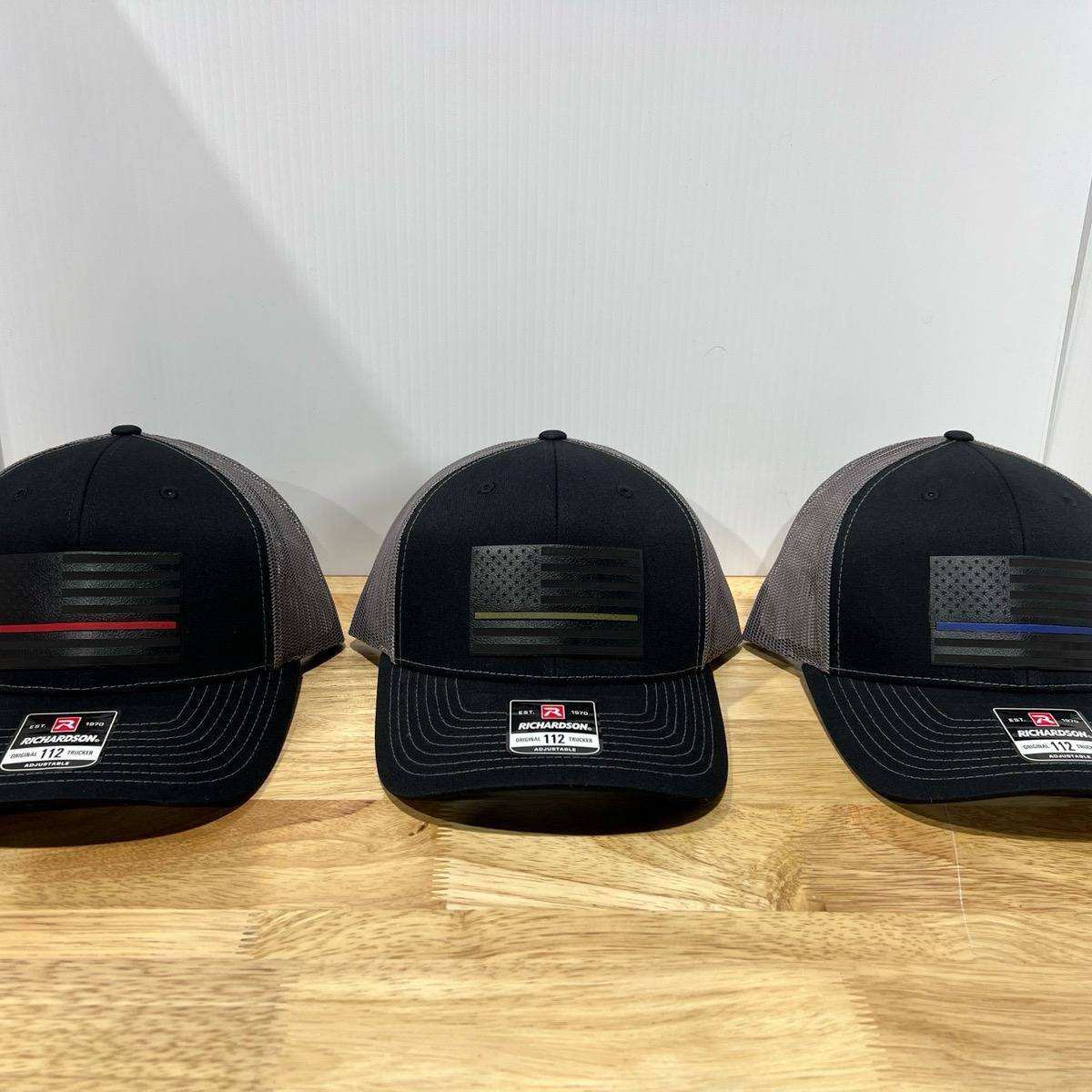 Thin Line Trucker Hats with Premium Leatherette on Richardson 112 - F5 Custom Designs
