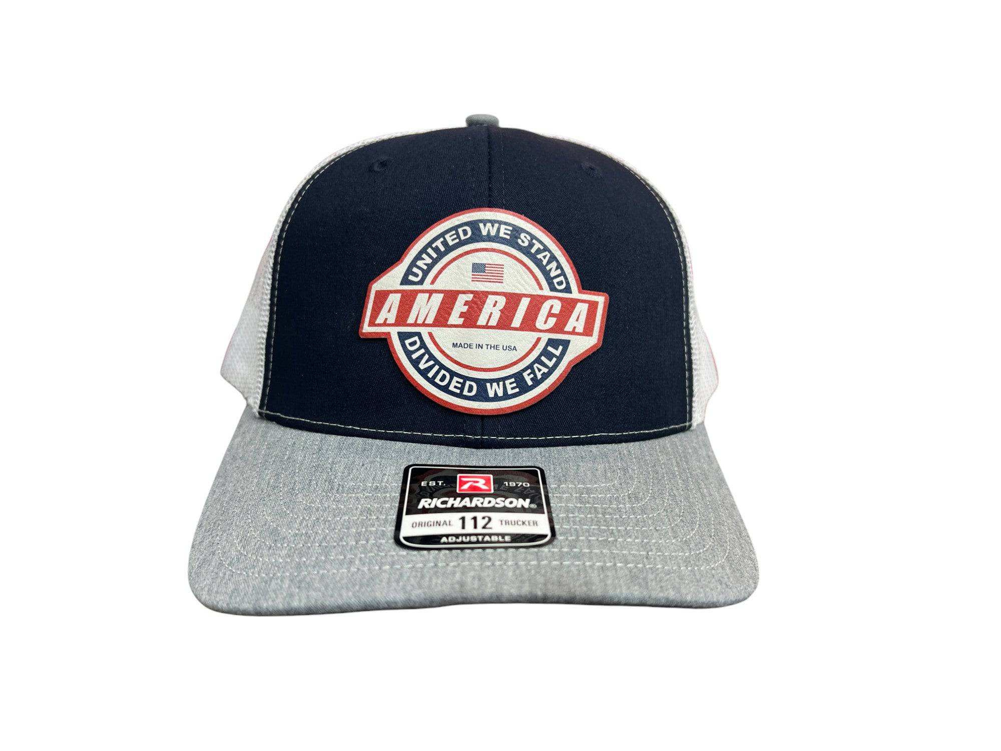 United We Stand leatherette patch trucker hat with patriotic USA design