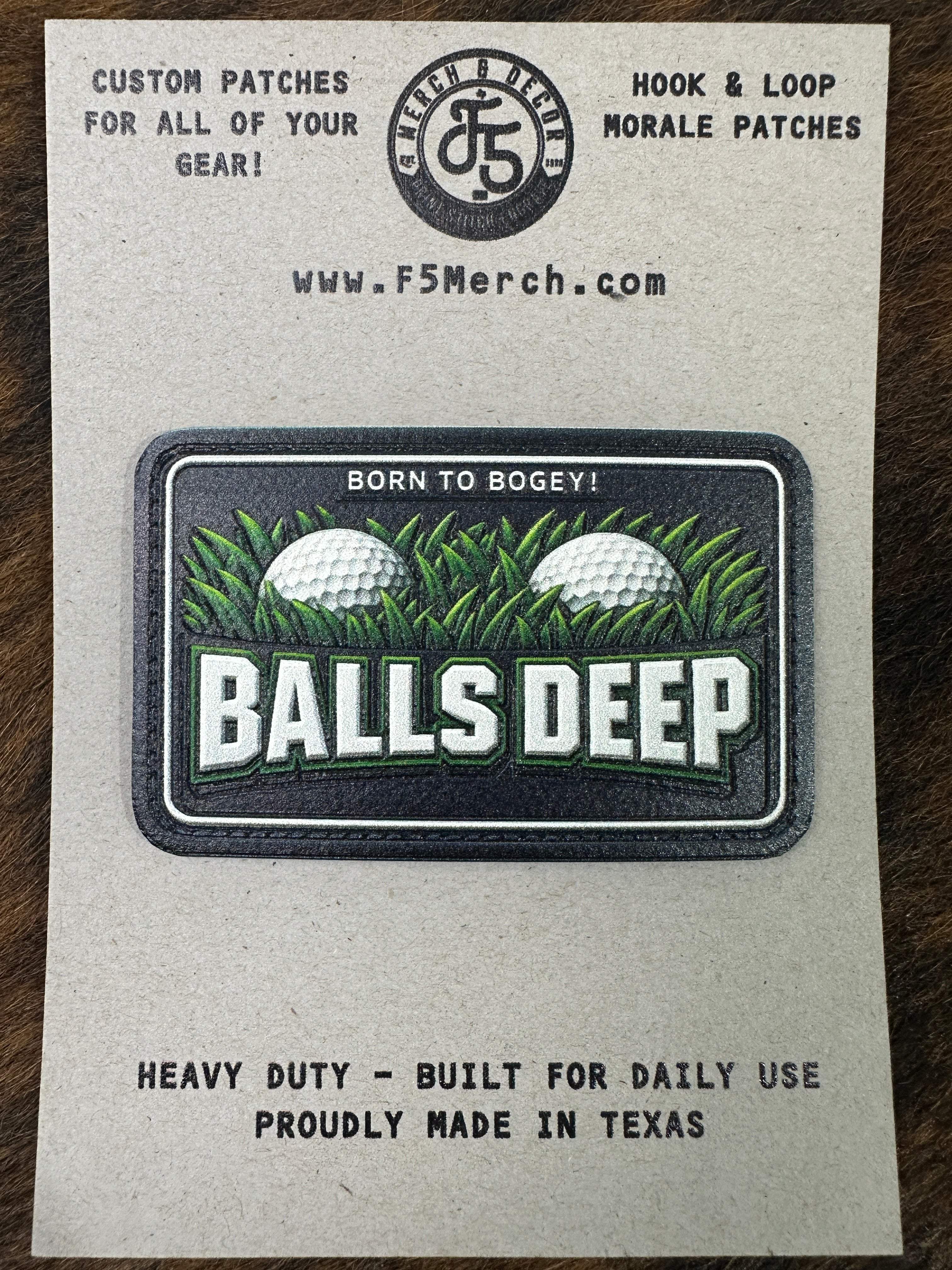 Custom UV printed patch with Balls Deep - Born To Bogey golf design, vibrant and durable